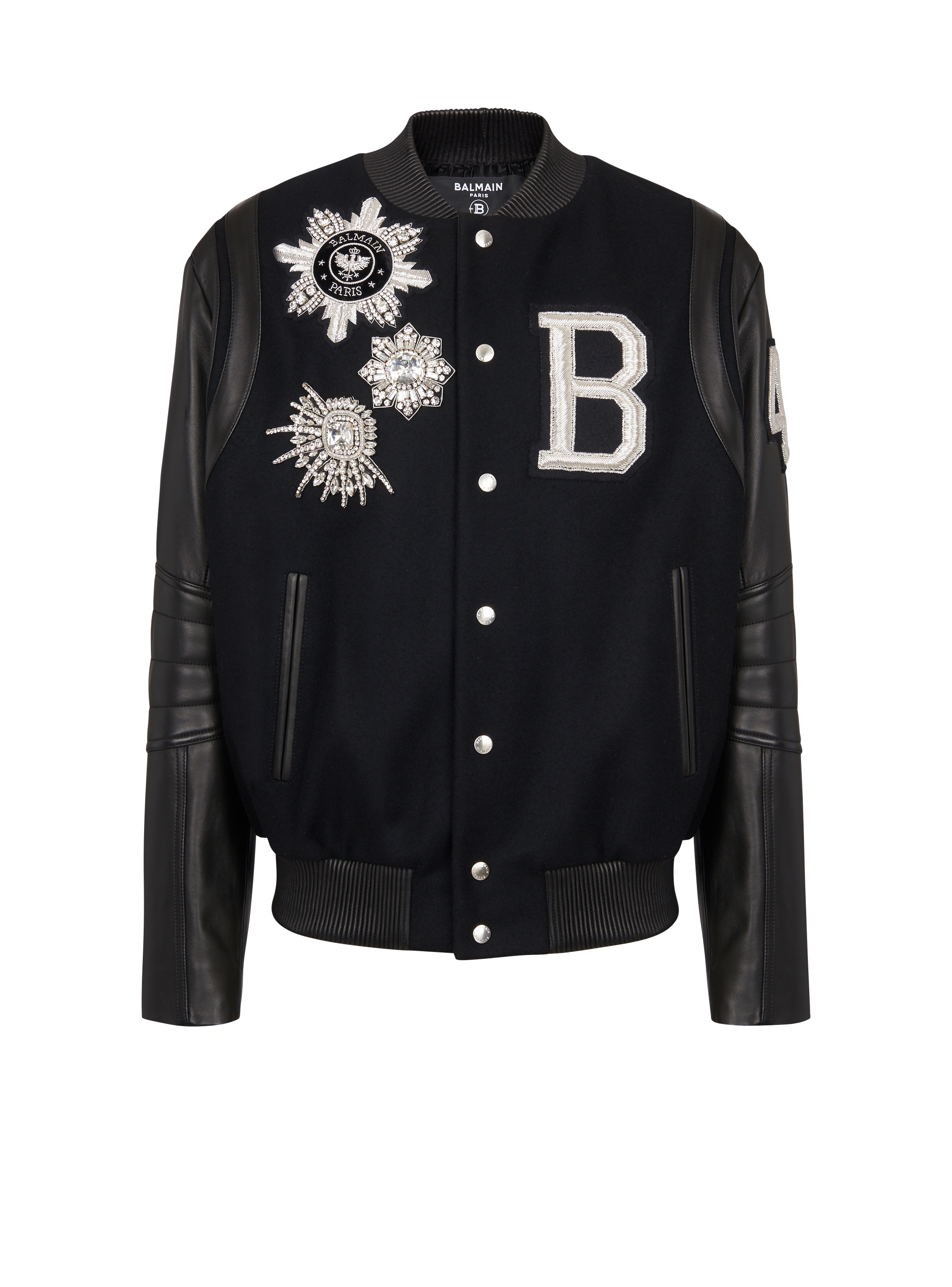 Balmain leather and wool jacket, black, hi-res