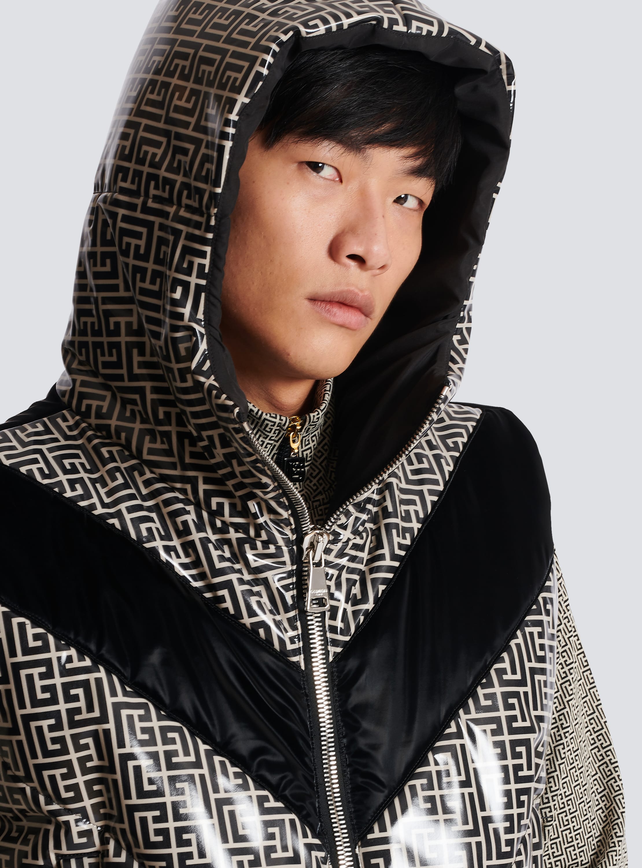 Shop Balmain Monogram Nylon Puffer Jacket