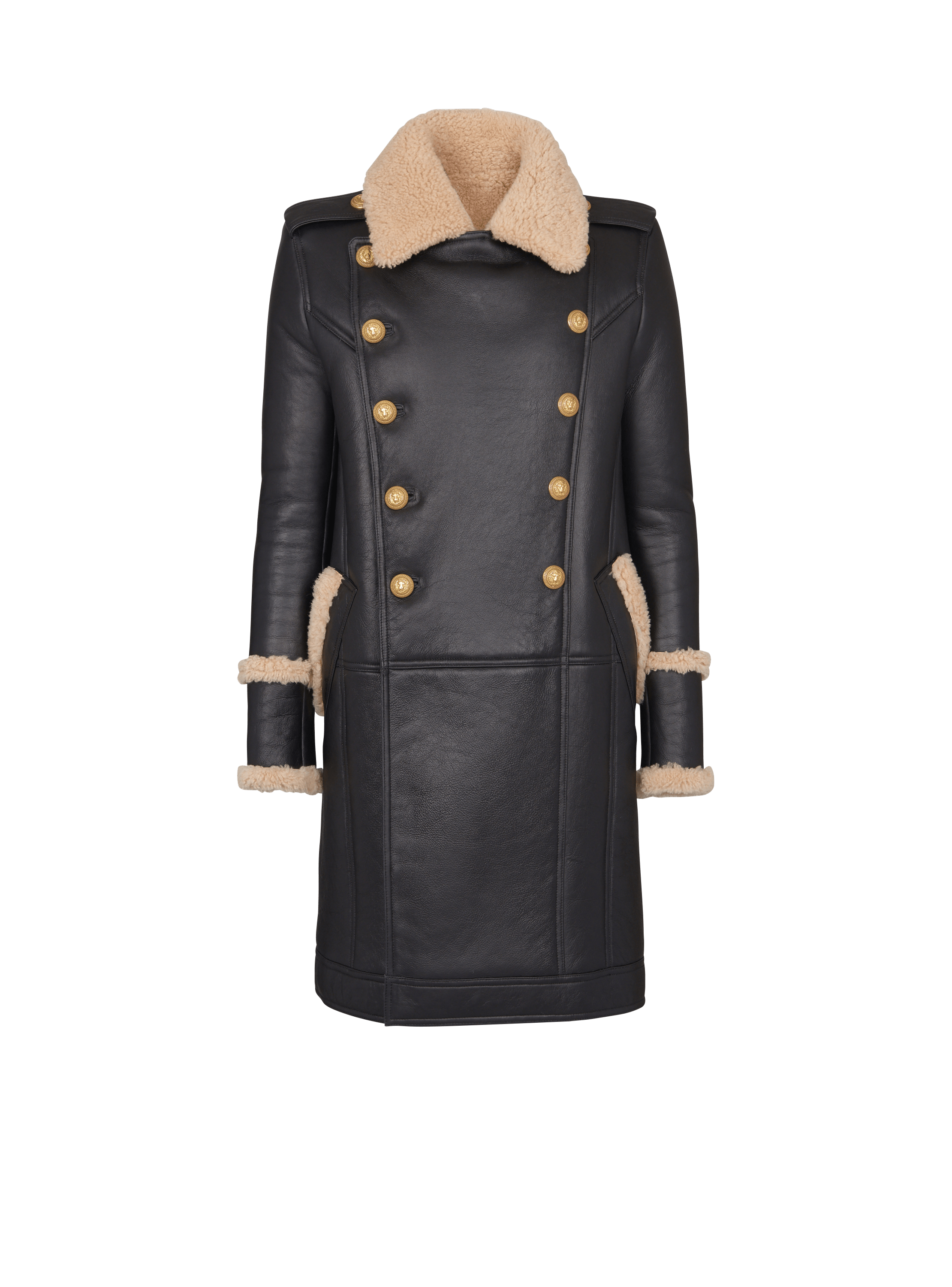 Long sheepskin coat, black, hi-res