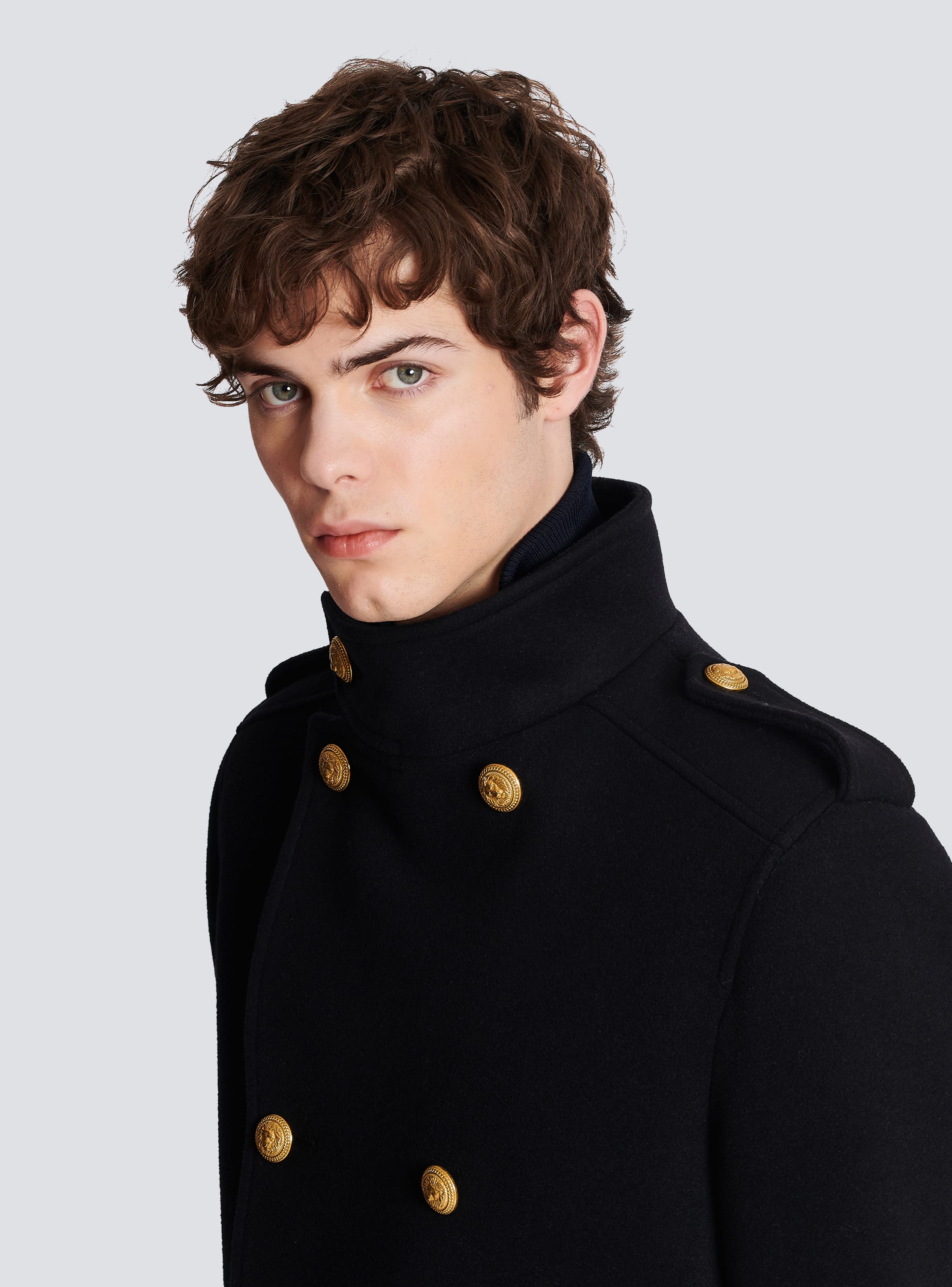 Balmain Double-breasted Wool-blend Military Coat in Black for Men