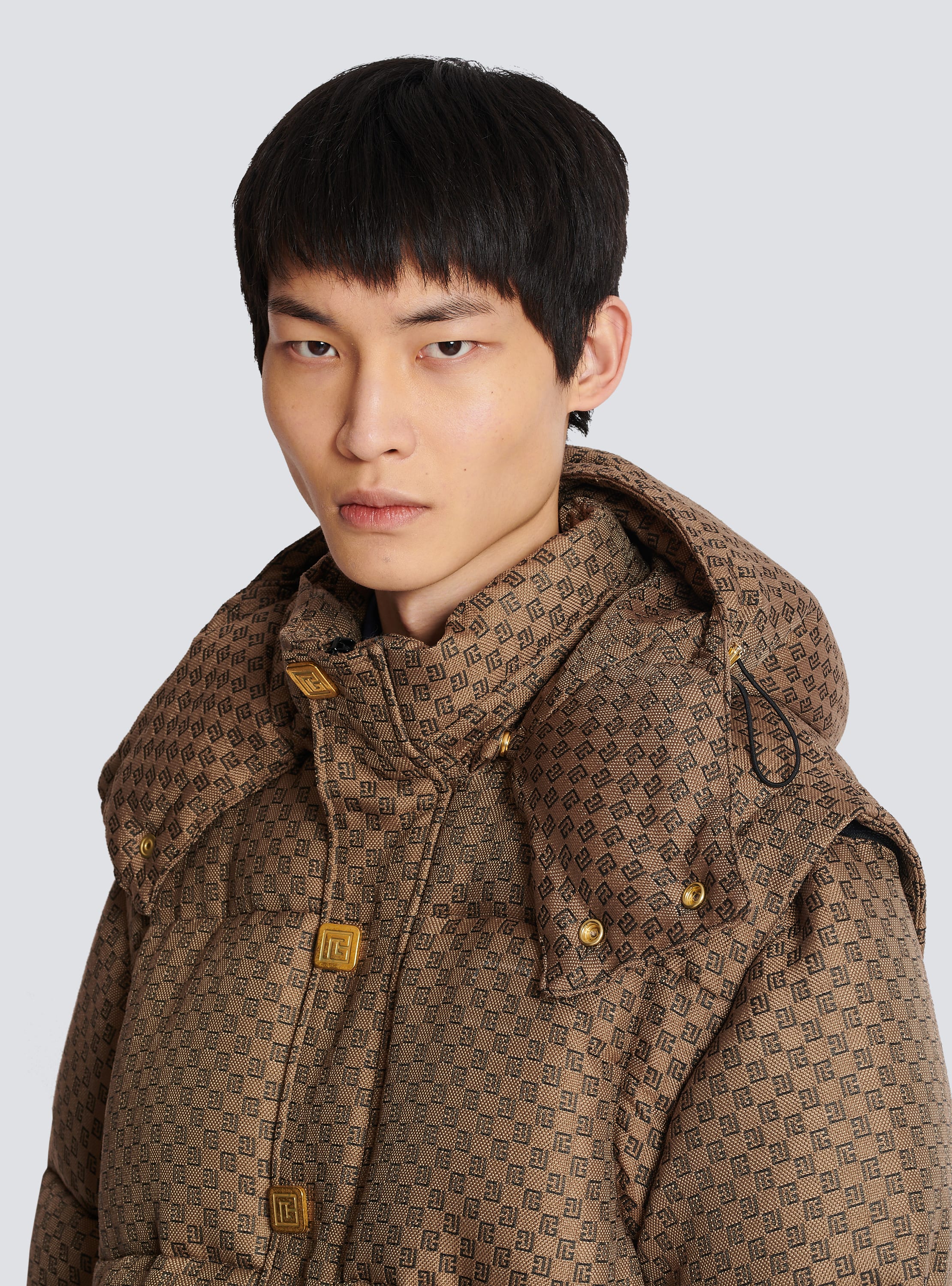 Burberry Detachable Sleeve Monogram Print Puffer Jacket in Brown