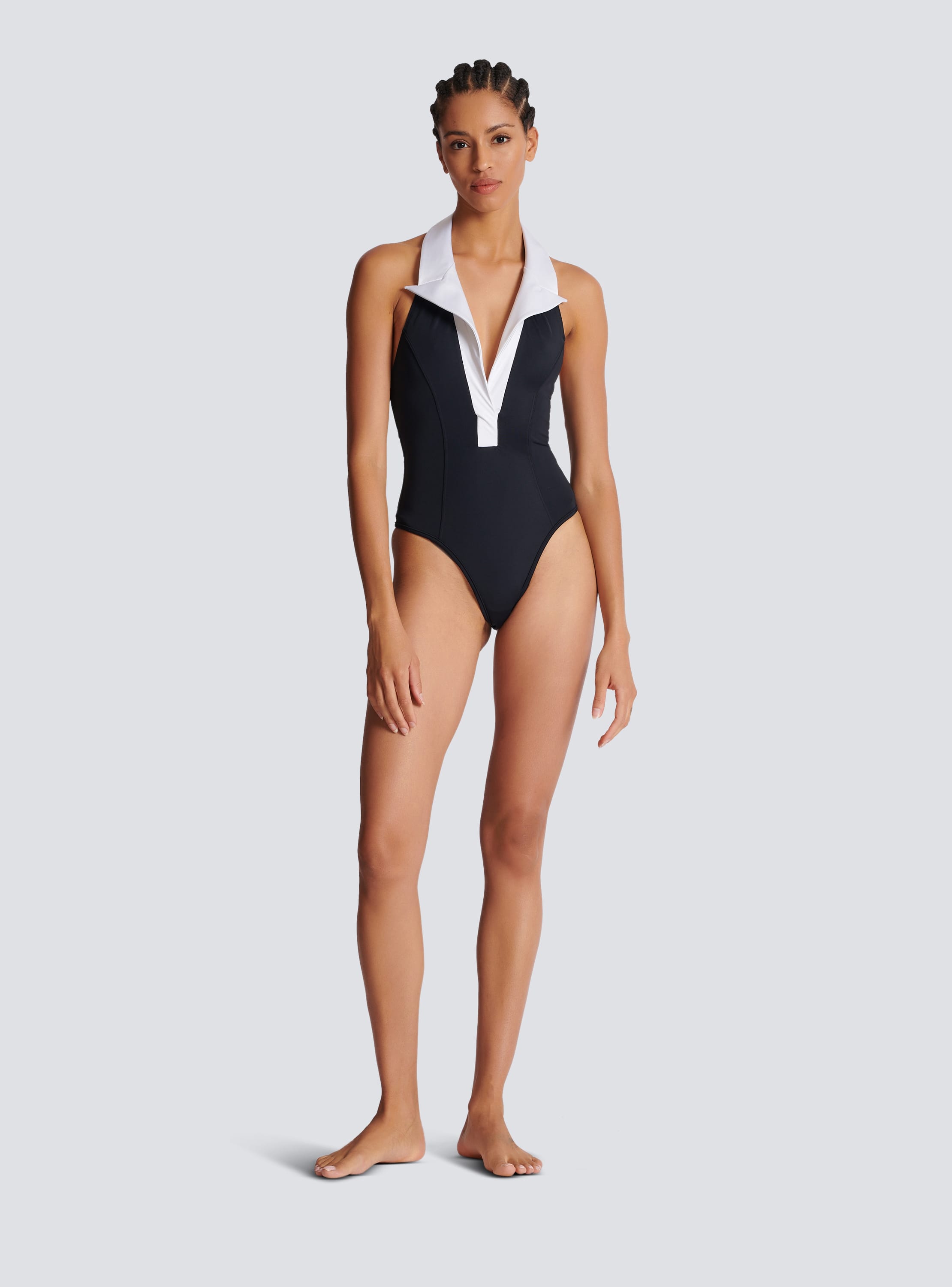 One-piece swimsuit with contrasting collar