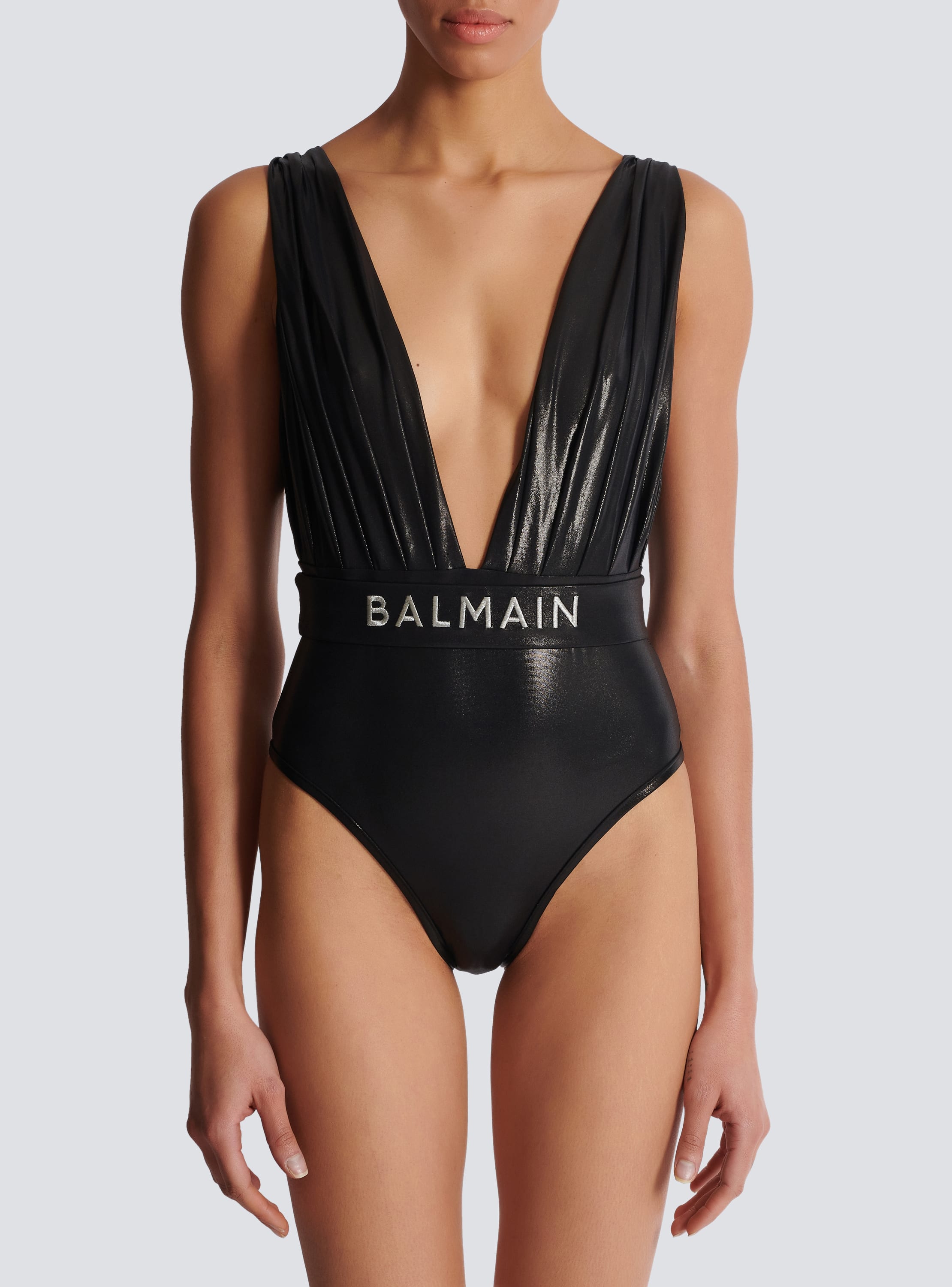 Draped one piece swimsuit with belt