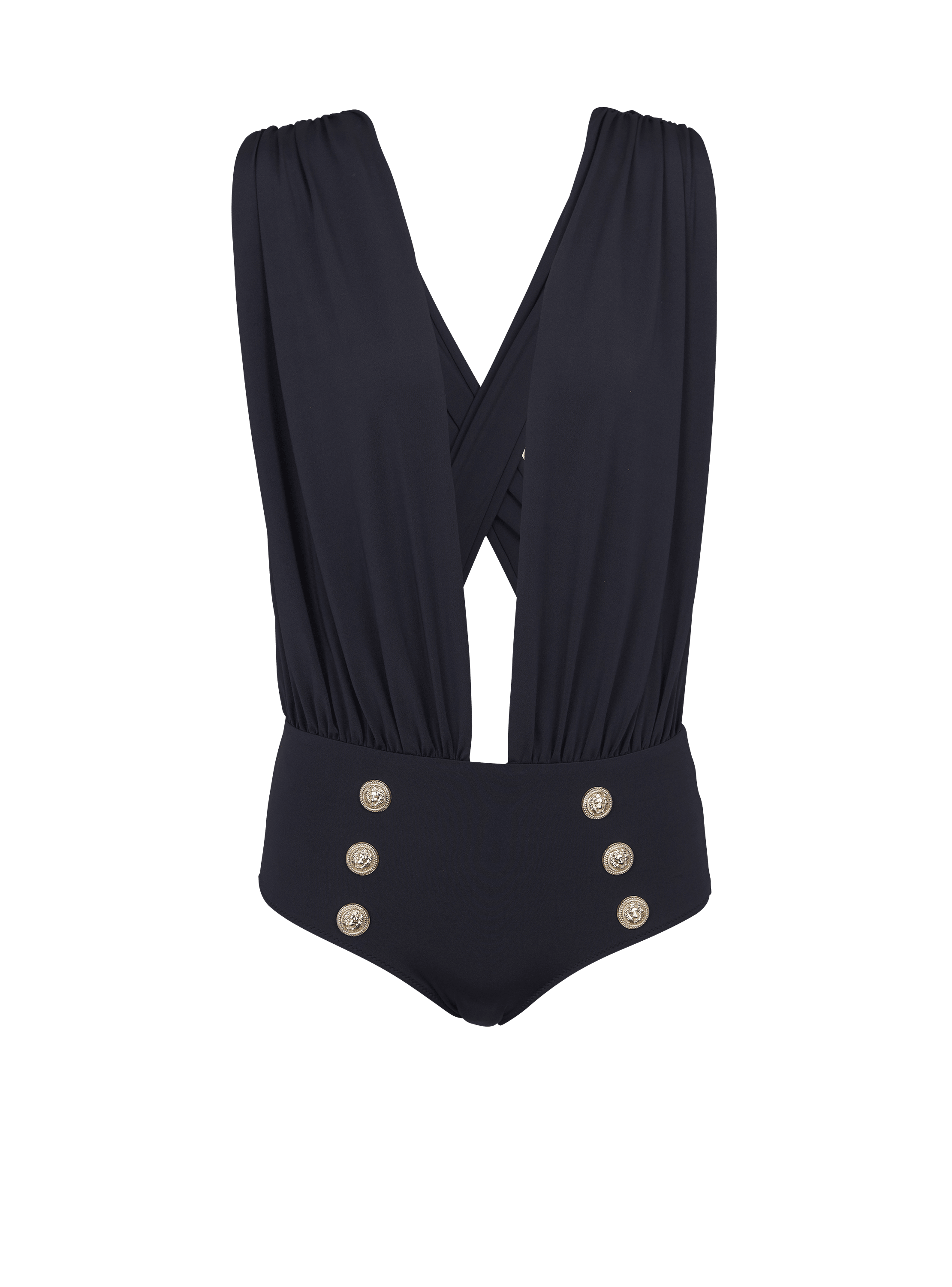 Draped swimsuit with embossed buttons