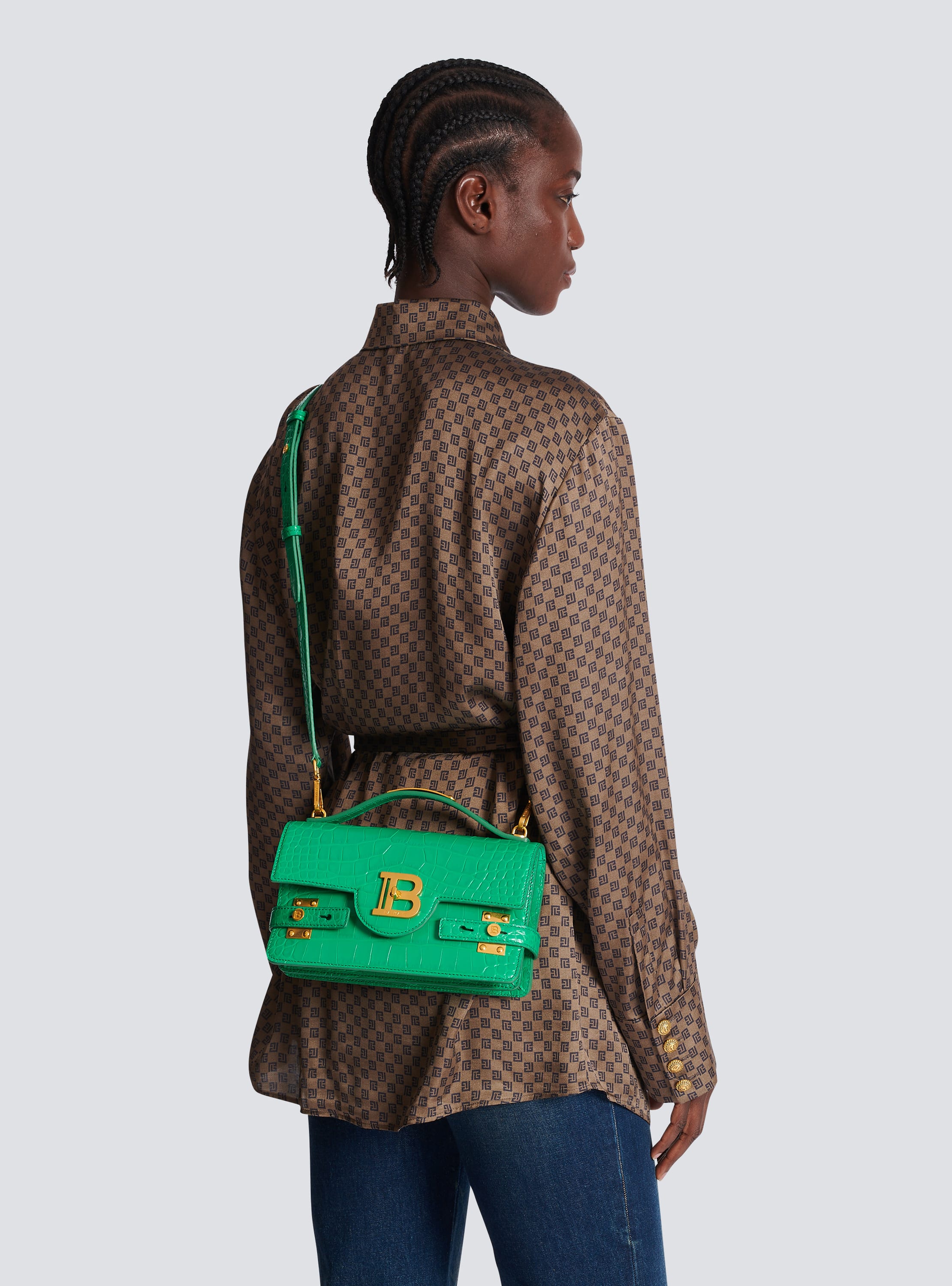 BALMAIN: B-Buzz 24 bag in crocodile-print leather - Green