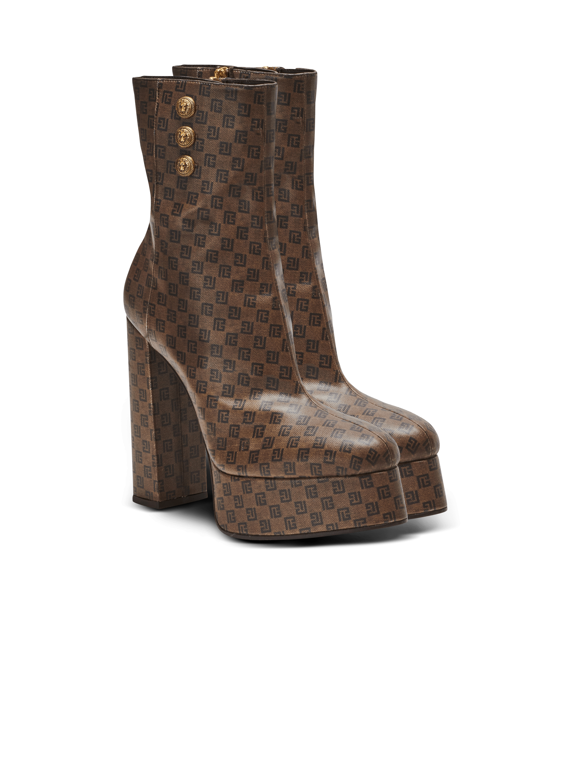 Balmain Brune Mini Monogram Ankle Boots - Brown