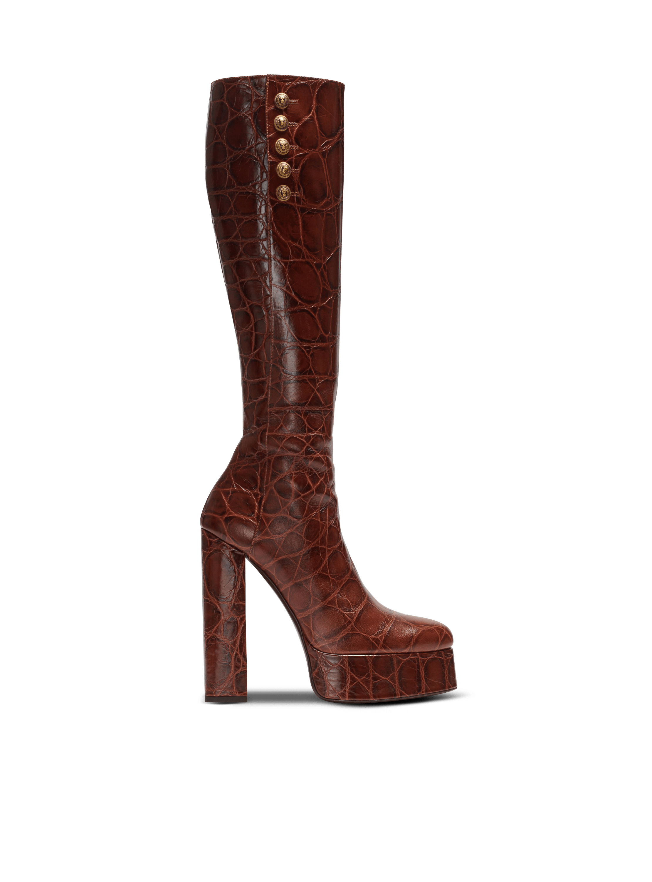 Brune crocodile-print leather boots, brown, hi-res