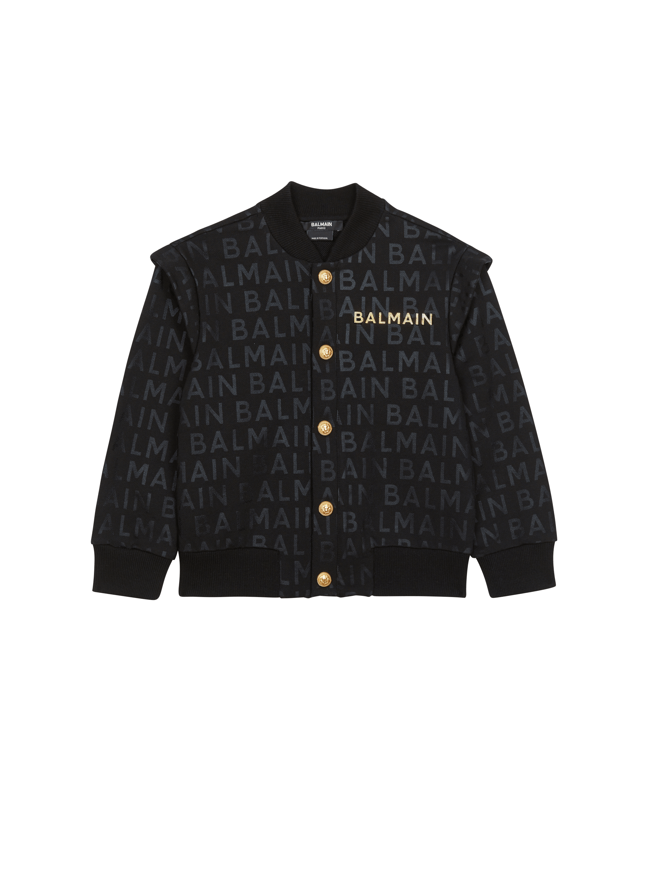 Balmain monogram-pattern padded sleeveless jacket worn by Cane