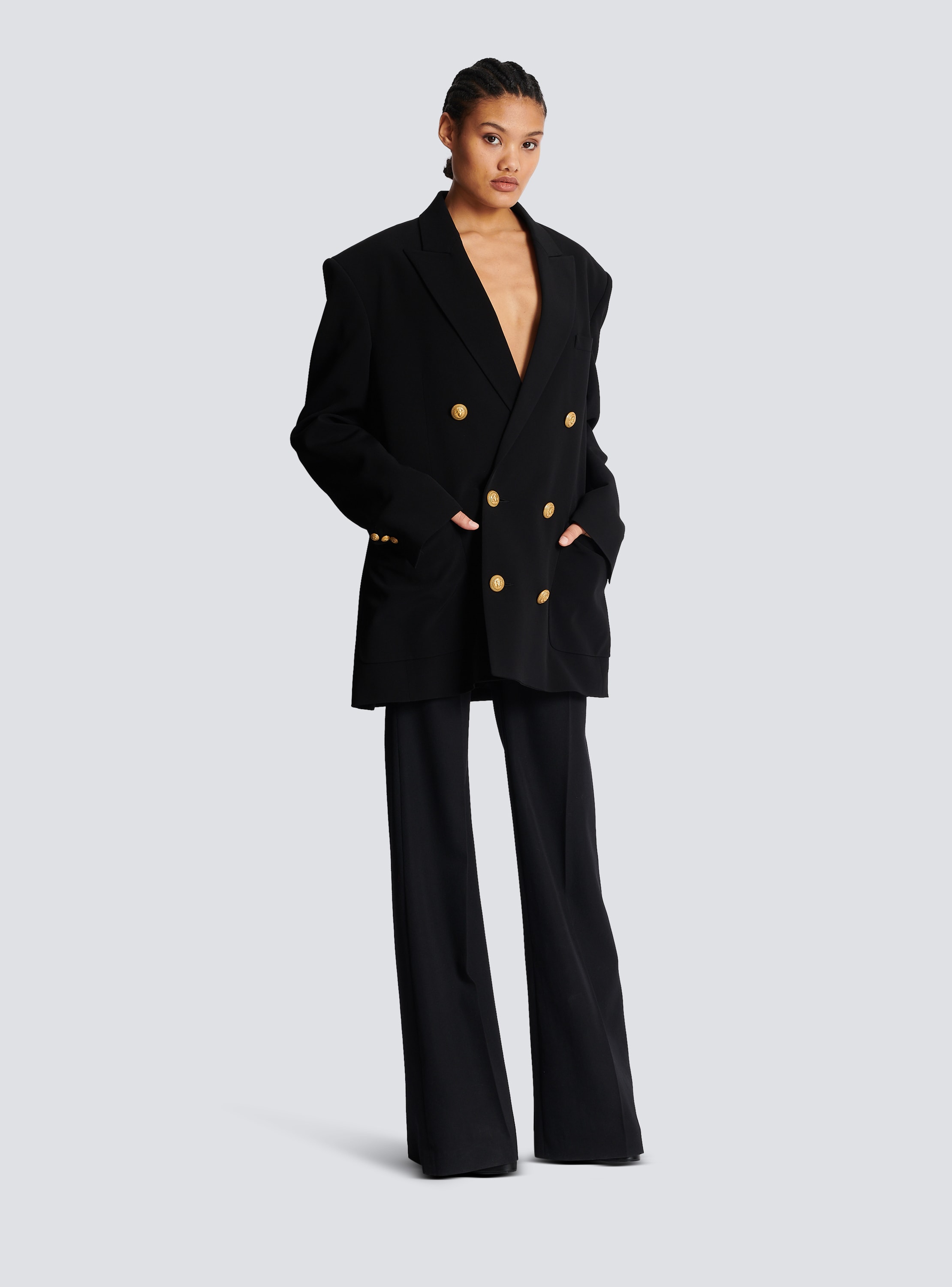 Balmain Short Double-breasted Coat With Branded Buttons in Black