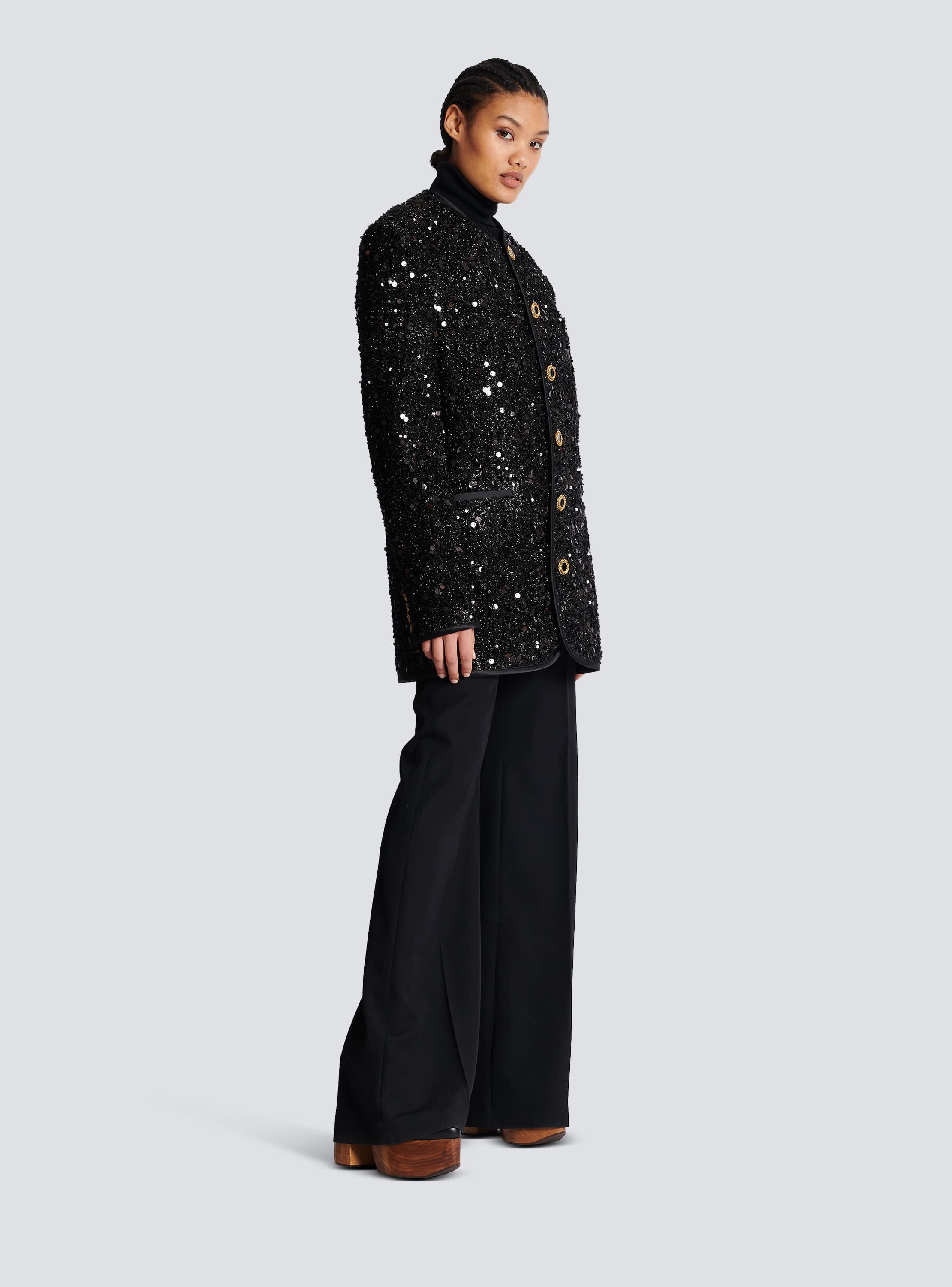 Balmain collarless single-breasted sequinned jacket - Black