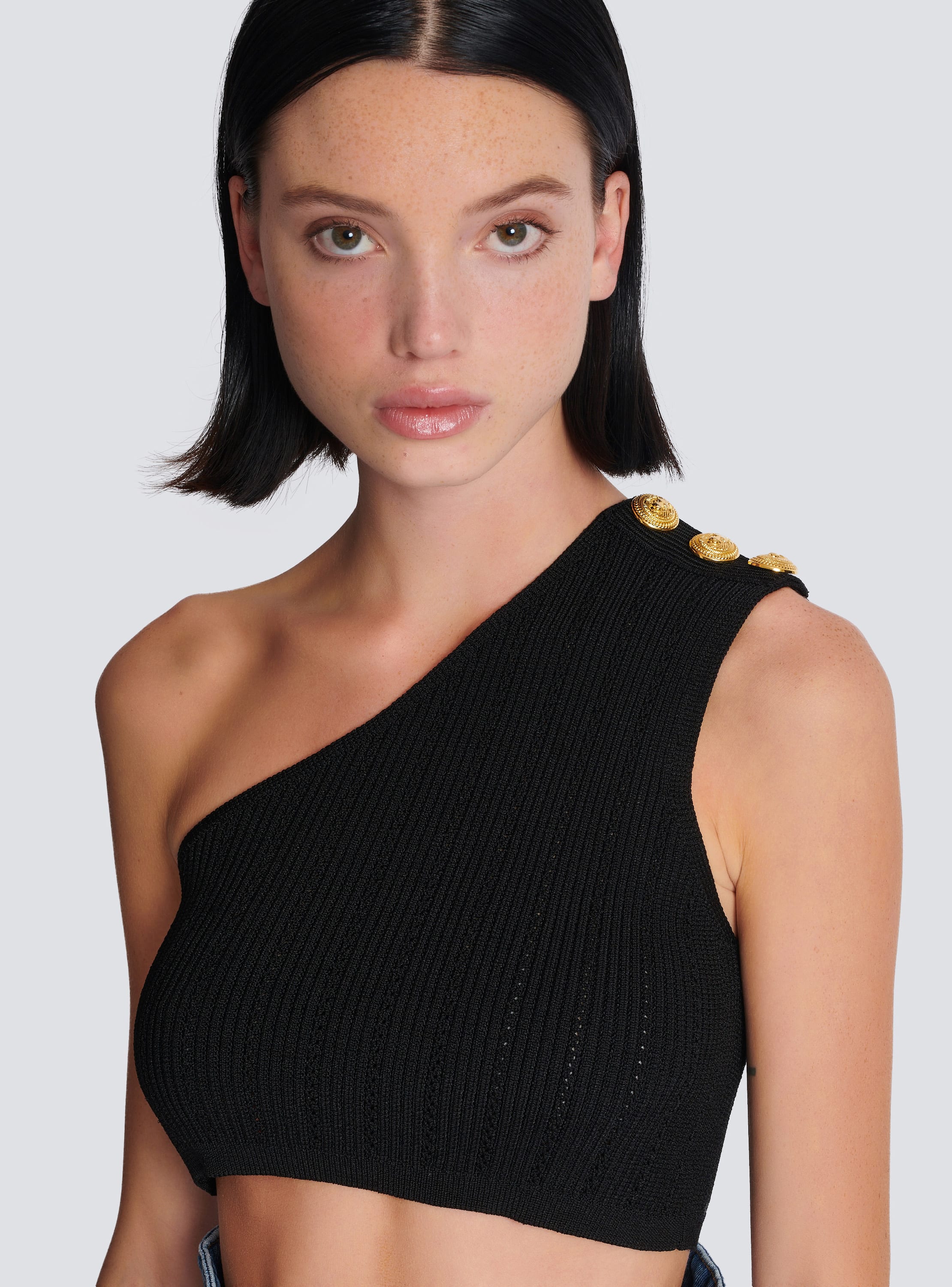 Asymmetric knit top with buttons black - Women | BALMAIN