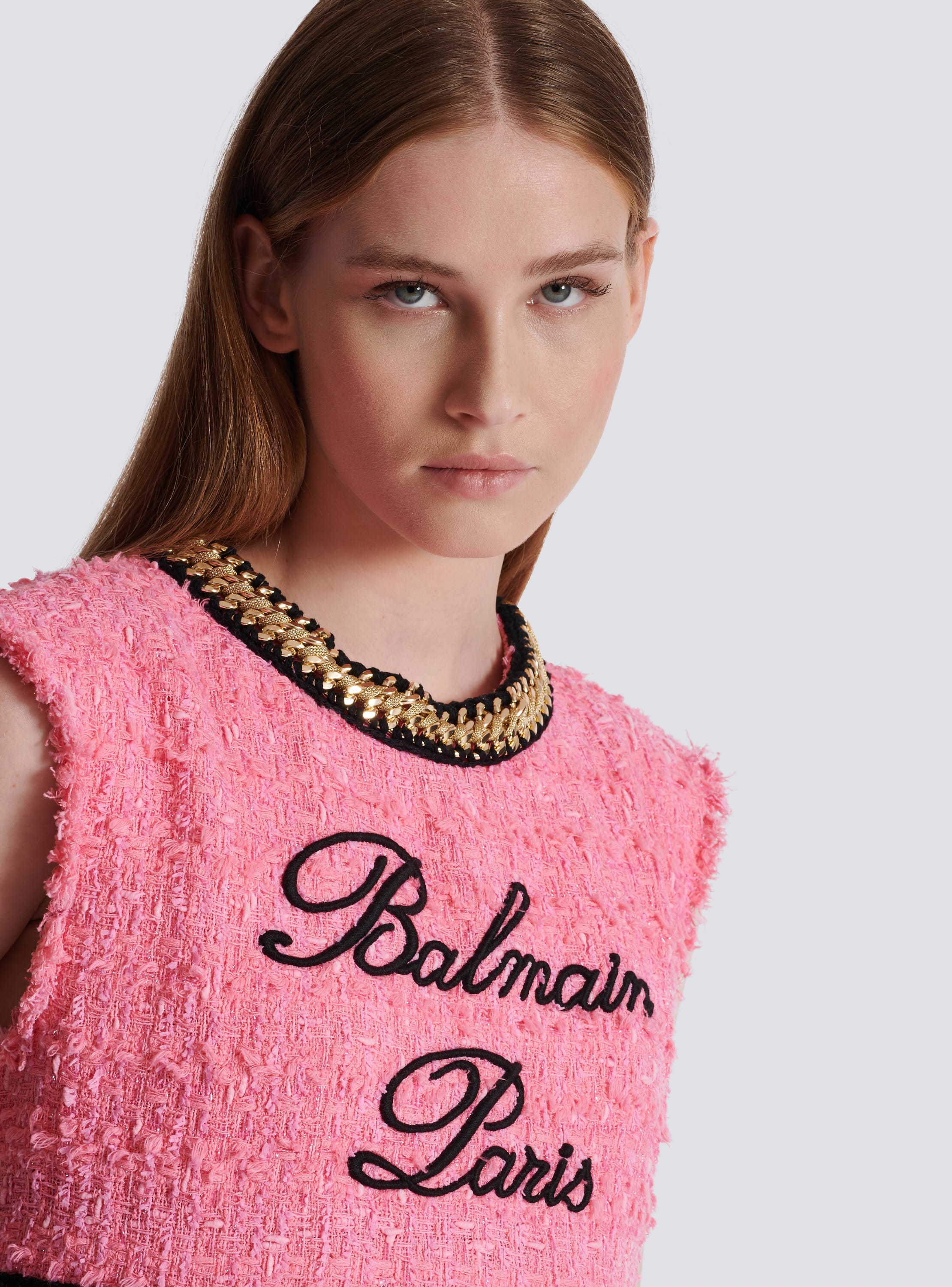 Balmain Signature tweed and chain top - Women | BALMAIN