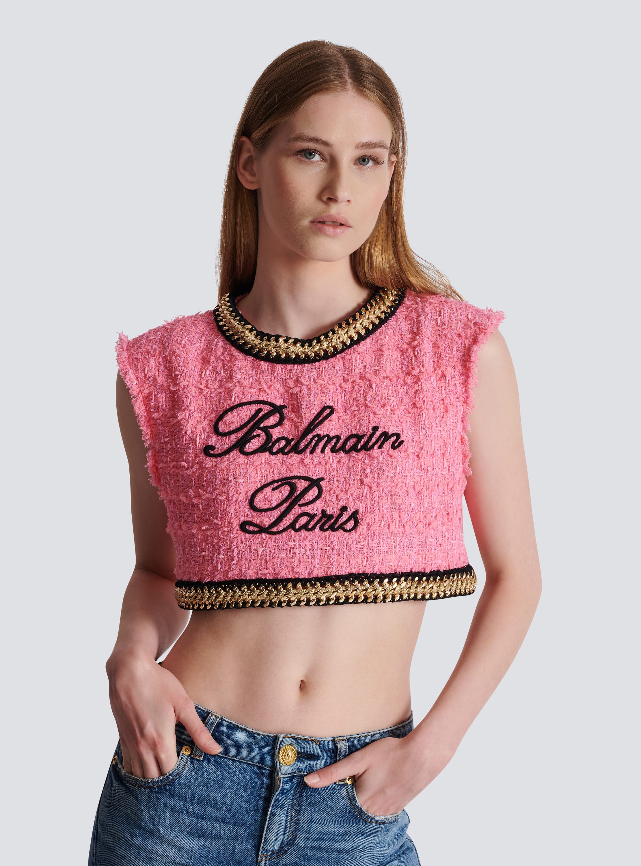 Balmain Signature tweed and chain top pink - Women | BALMAIN