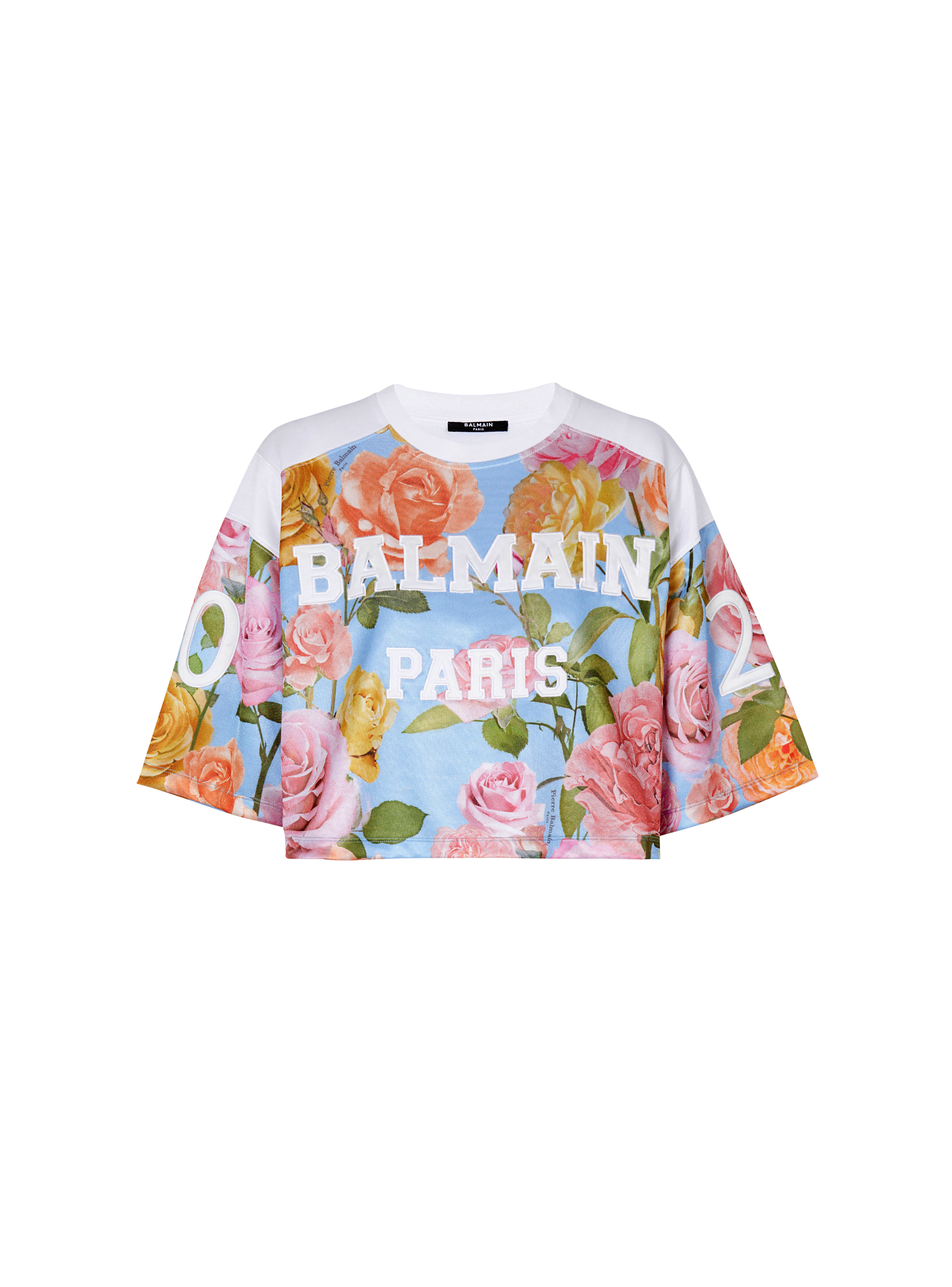  Balmain Baseball-T-Shirt mit Pastel Roses-Print 