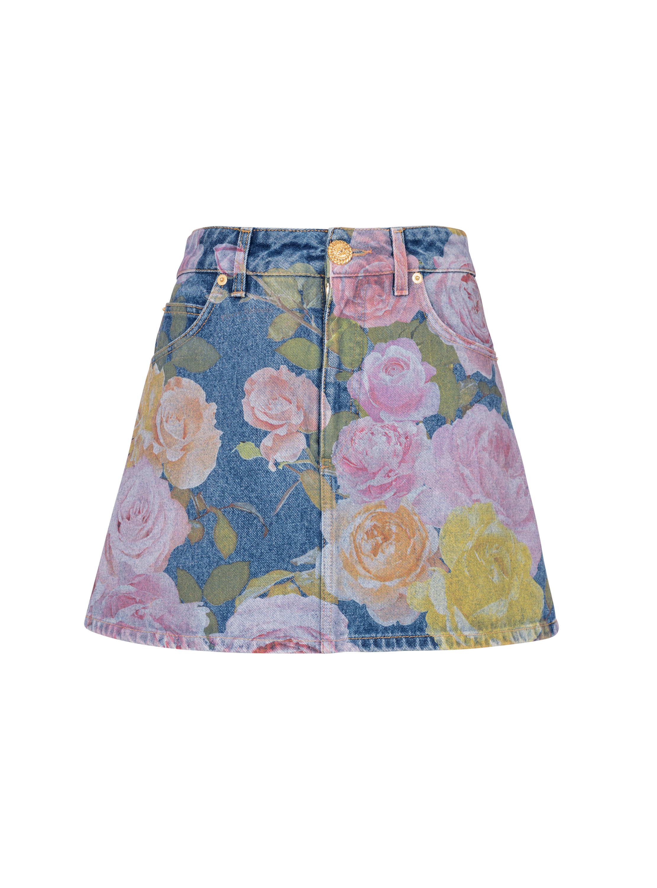 Pastel Roses printed denim skirt, navy, hi-res
