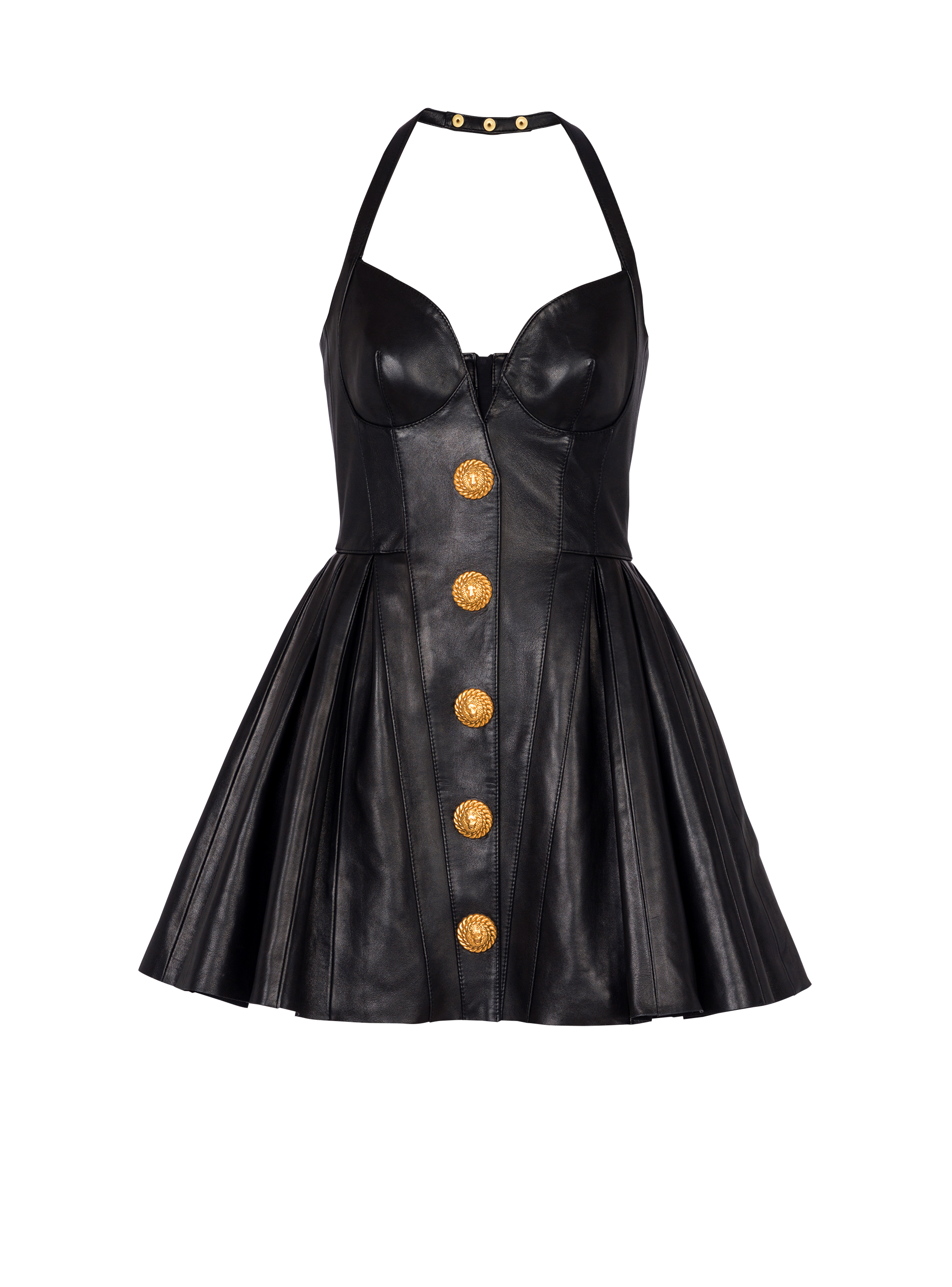 Flared pleated halterneck dress in leather, black, hi-res
