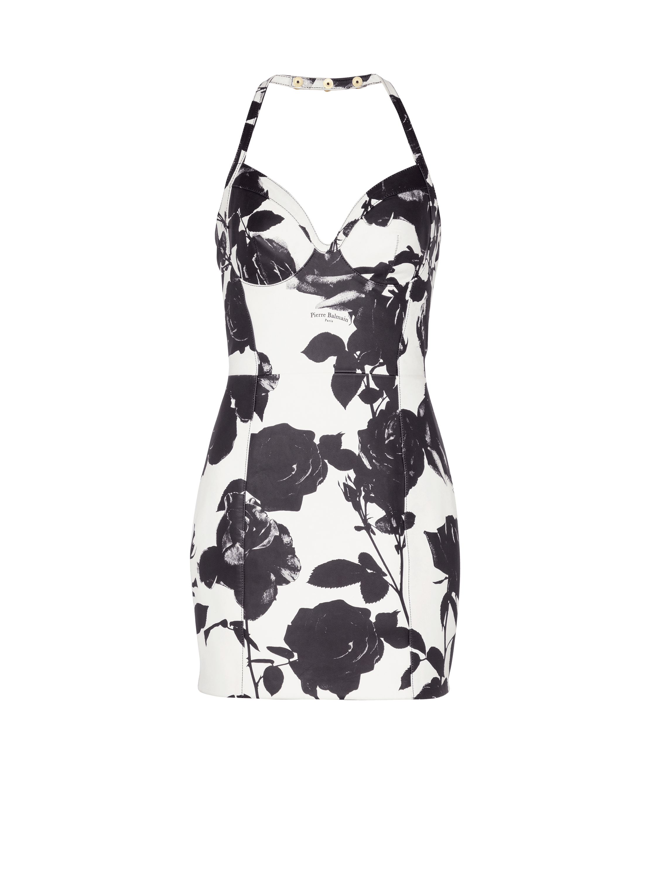 Rückenfreies Kleid aus Leder mit Black and White Roses-Print