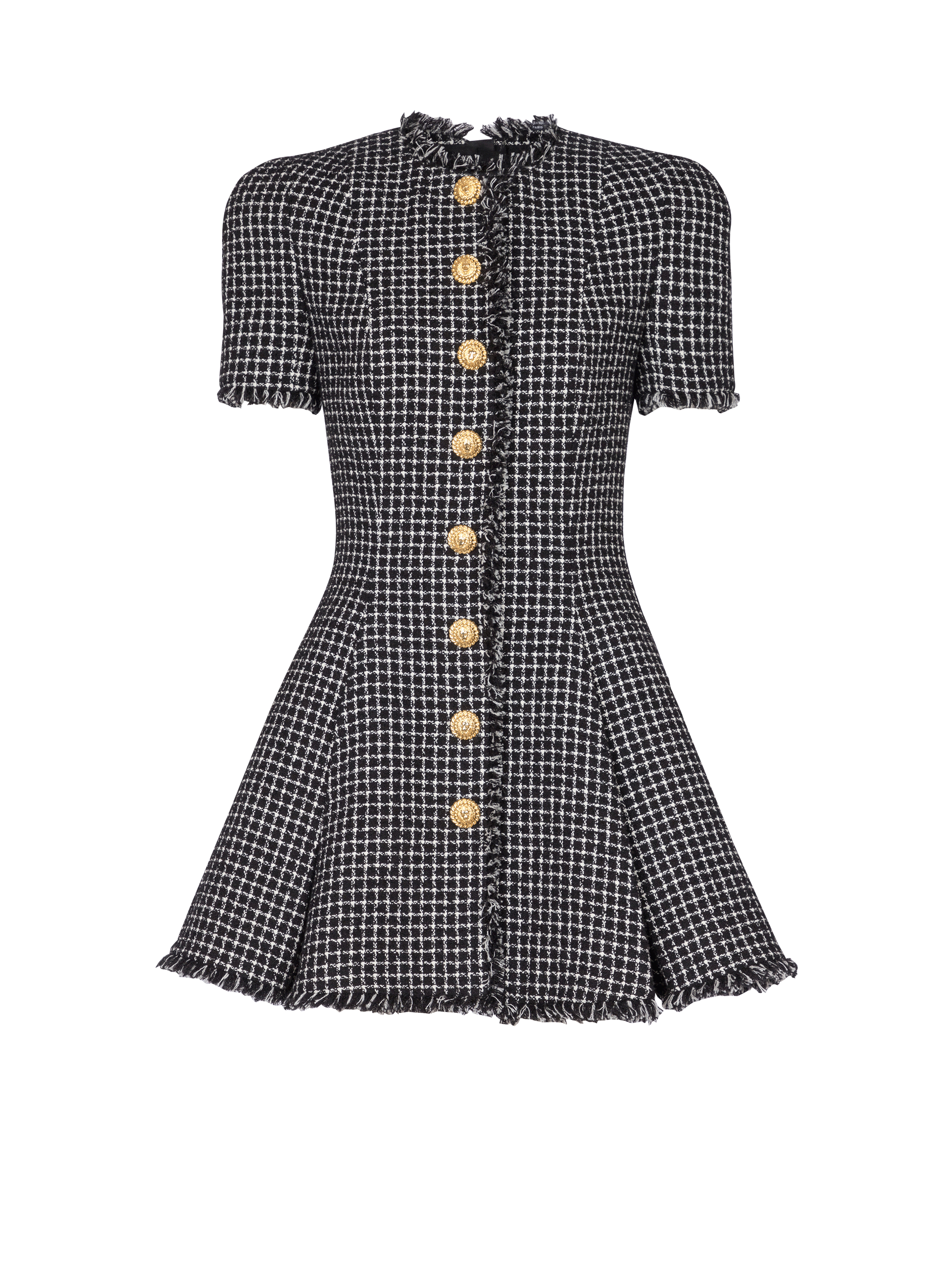 Pleated flared dress in gingham tweed