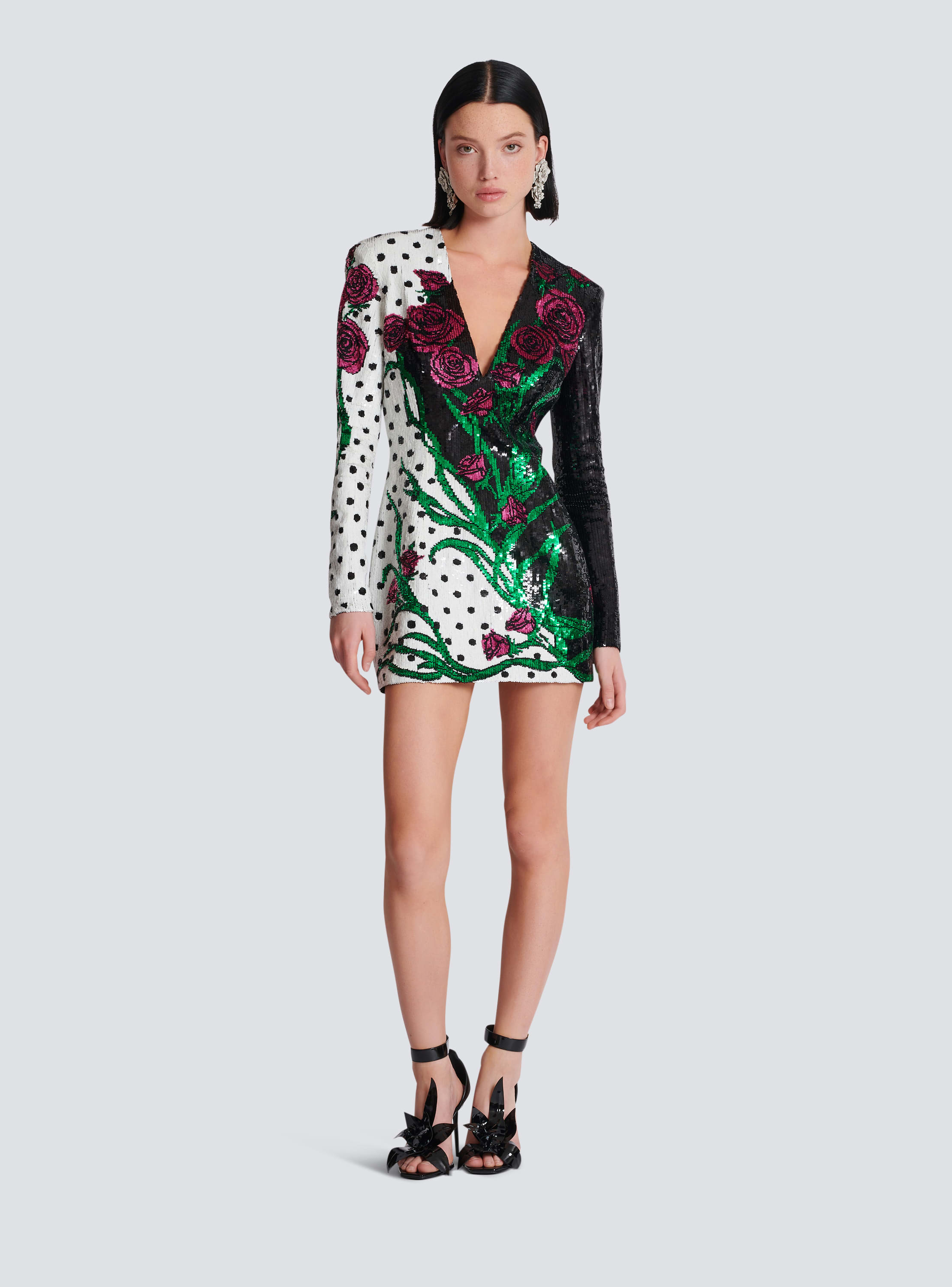 Kurzes Kleid mit Rosen- und Polka Dots-Print