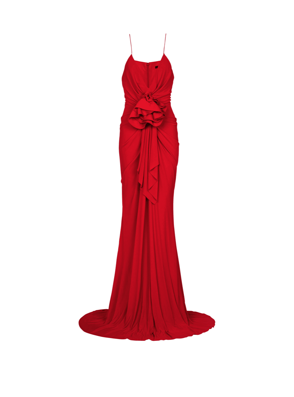 Robe longue plissée à détail fleur, rouge, hi-res