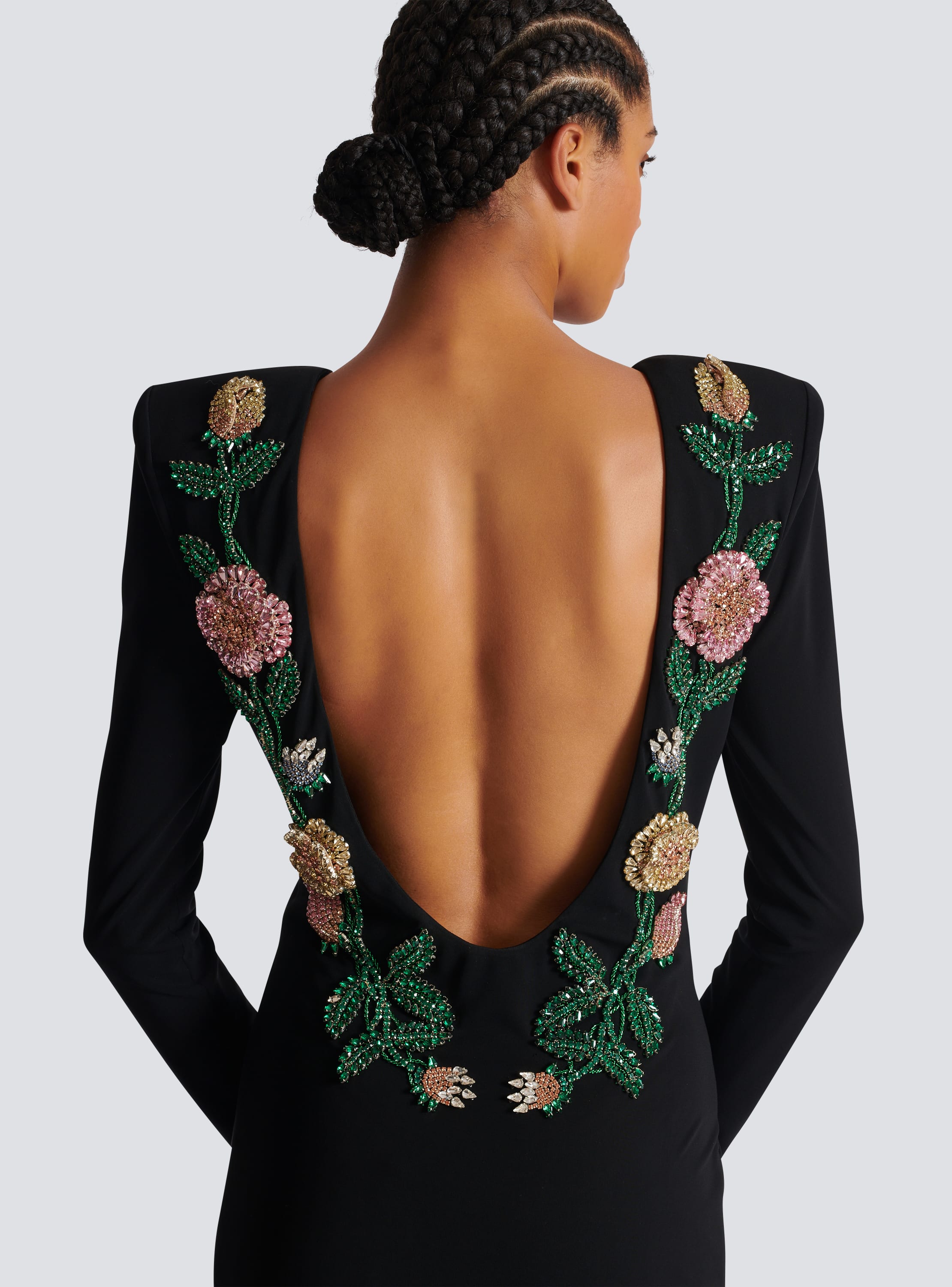 Long backless dress with Roses embroidery black - Women | BALMAIN
