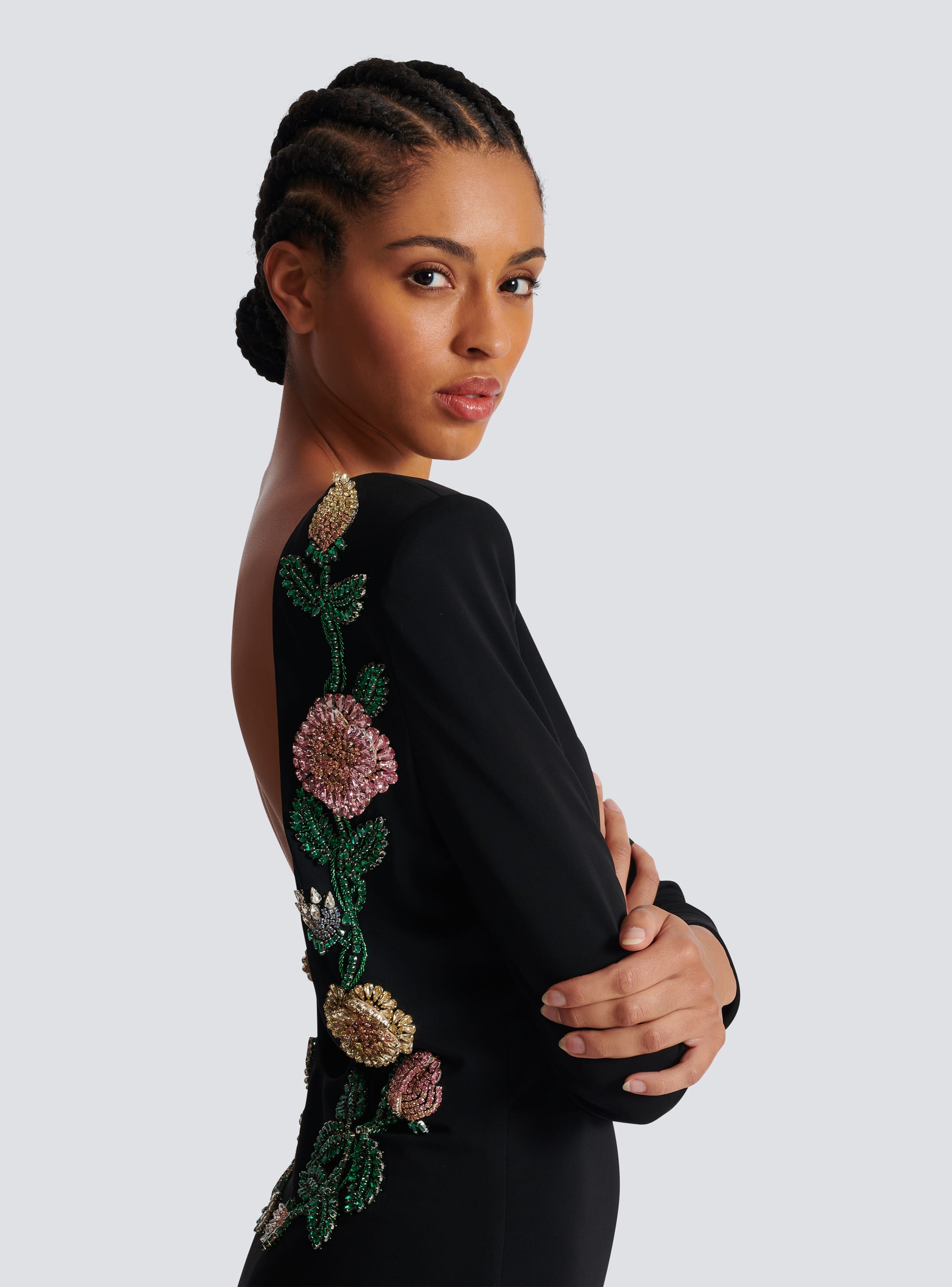 Long backless dress with Roses embroidery black - Women | BALMAIN