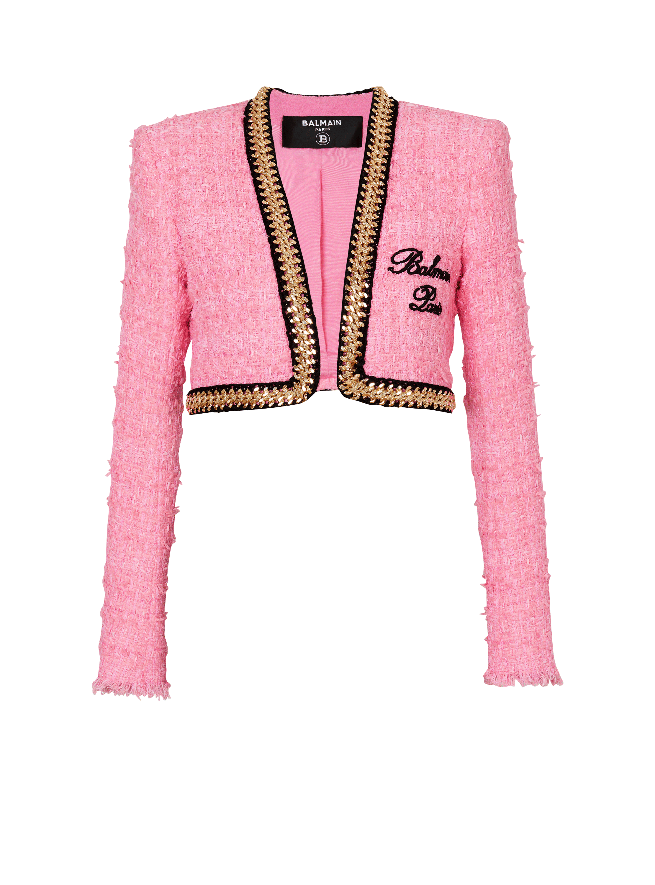 Balmain Signature tweed and chain jacket, pink, hi-res