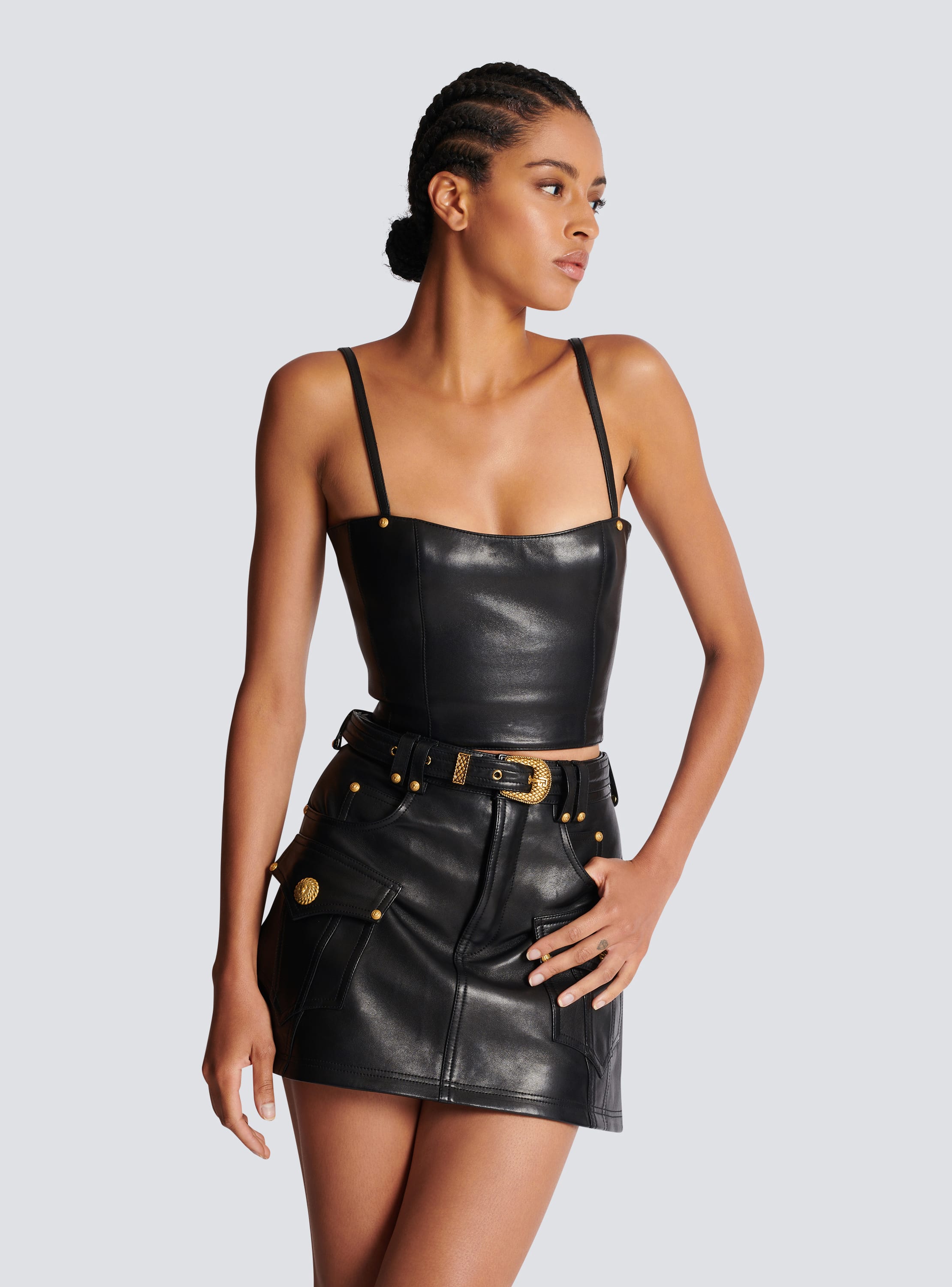 MANIFIQUE Women's Spaghetti Straps PU Leather Bustier Crop Top