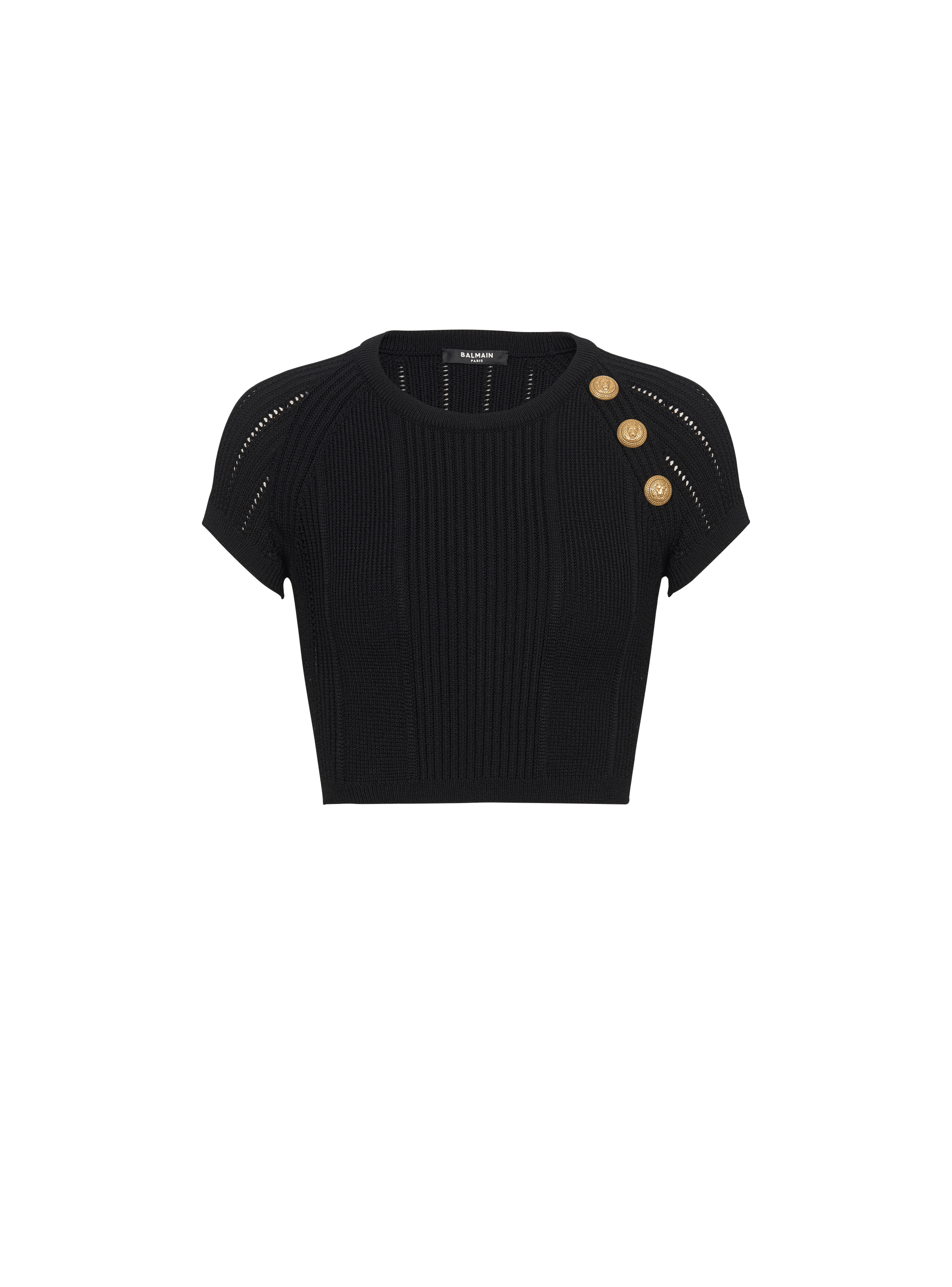 3-button fine knit top, black, hi-res