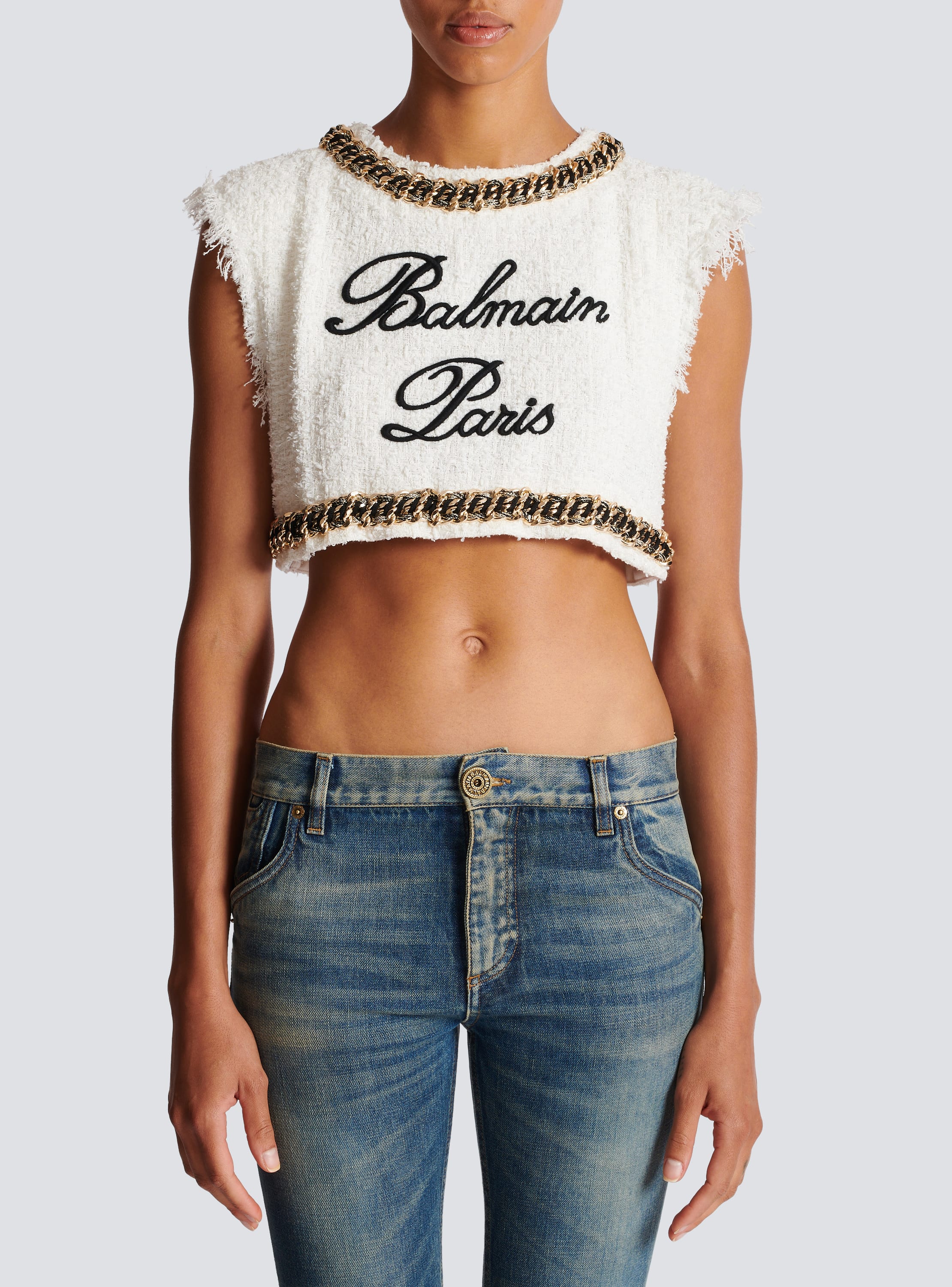 Cropped bicolor jacquard sports bra top with Balmain monogram