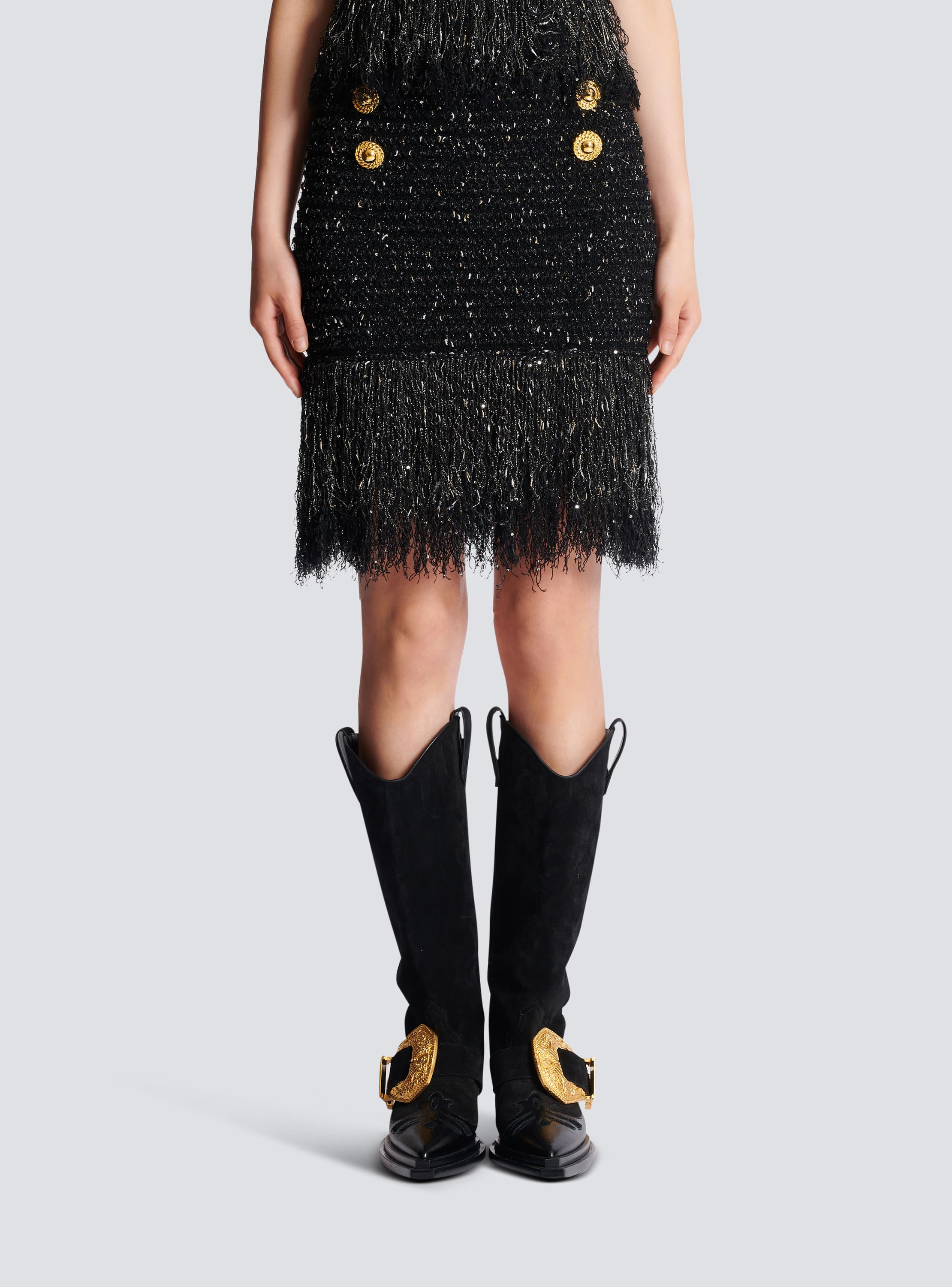 Fringed tweed miniskirt
