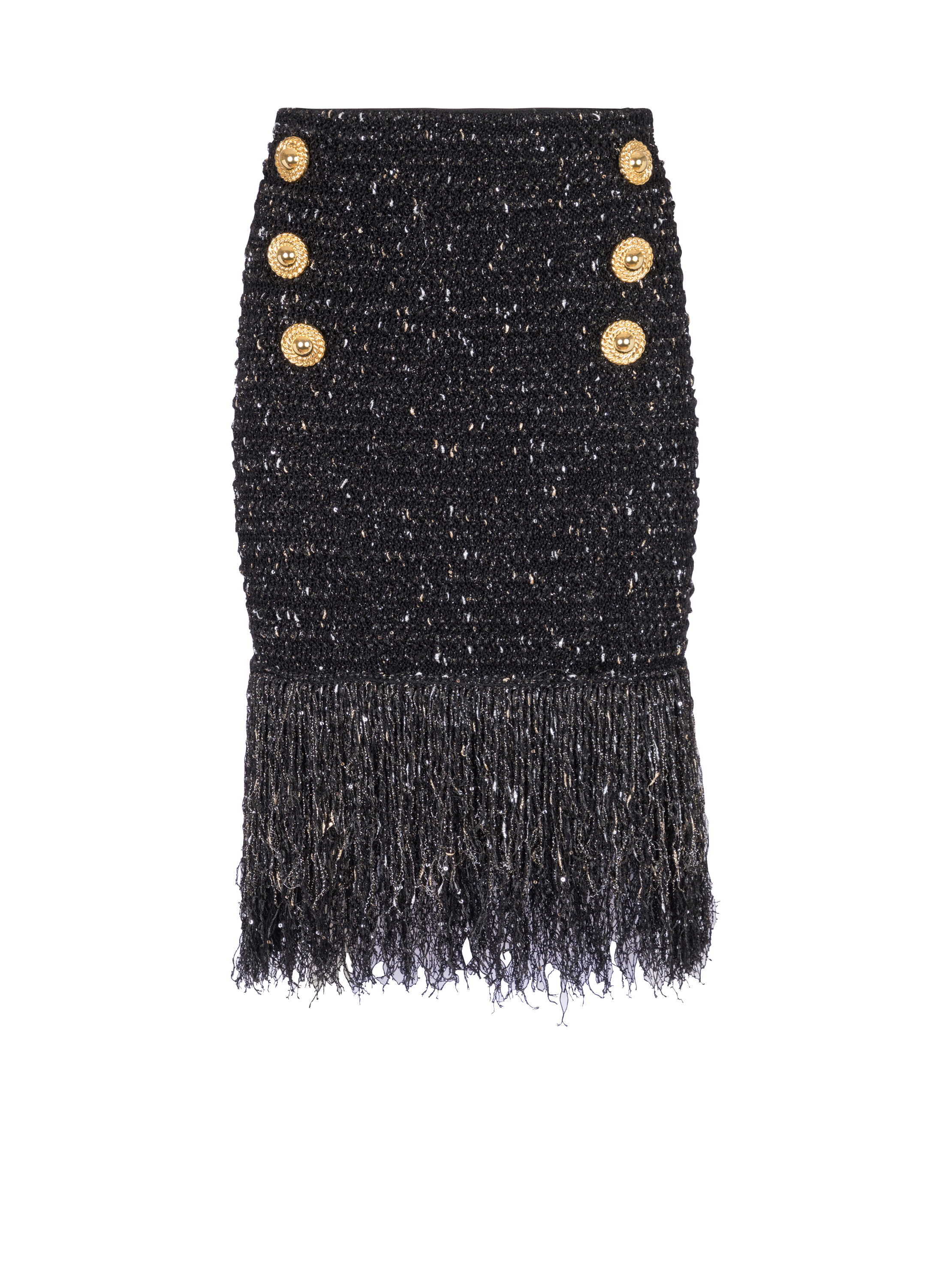 Fringed lurex tweed skirt, black, hi-res