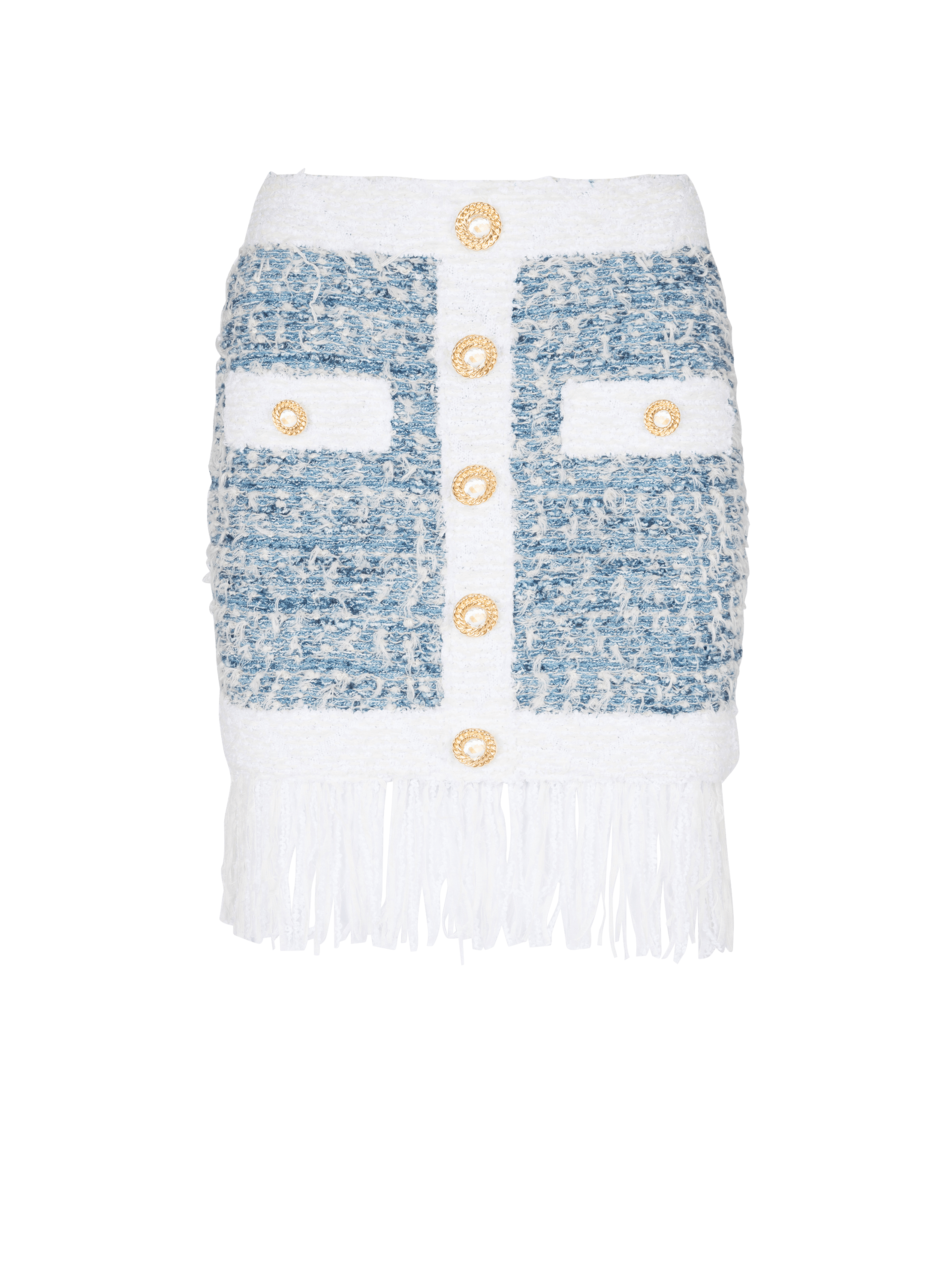Fringed denim tweed skirt, blue, hi-res
