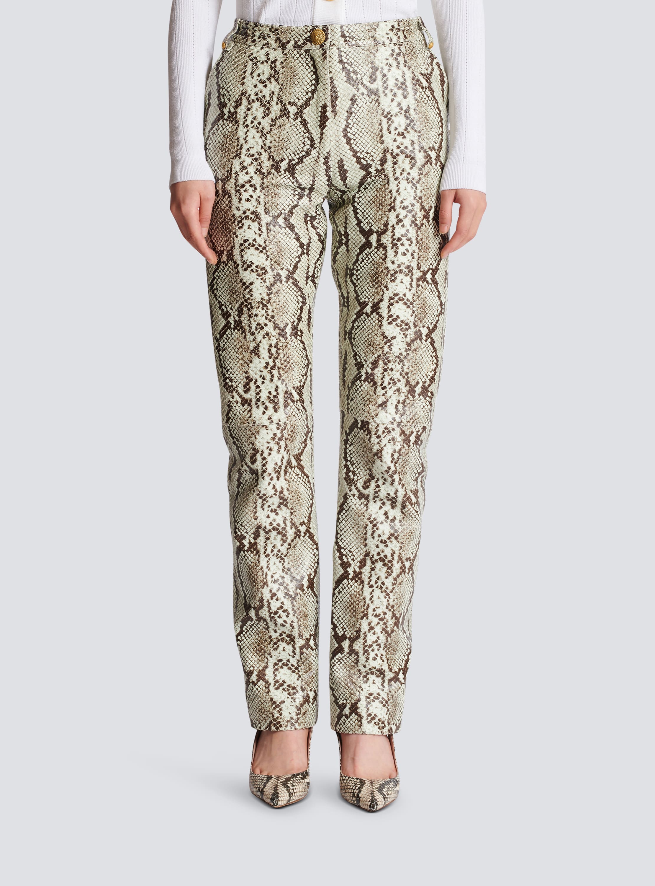 Denim Effect Printed Leather Pants