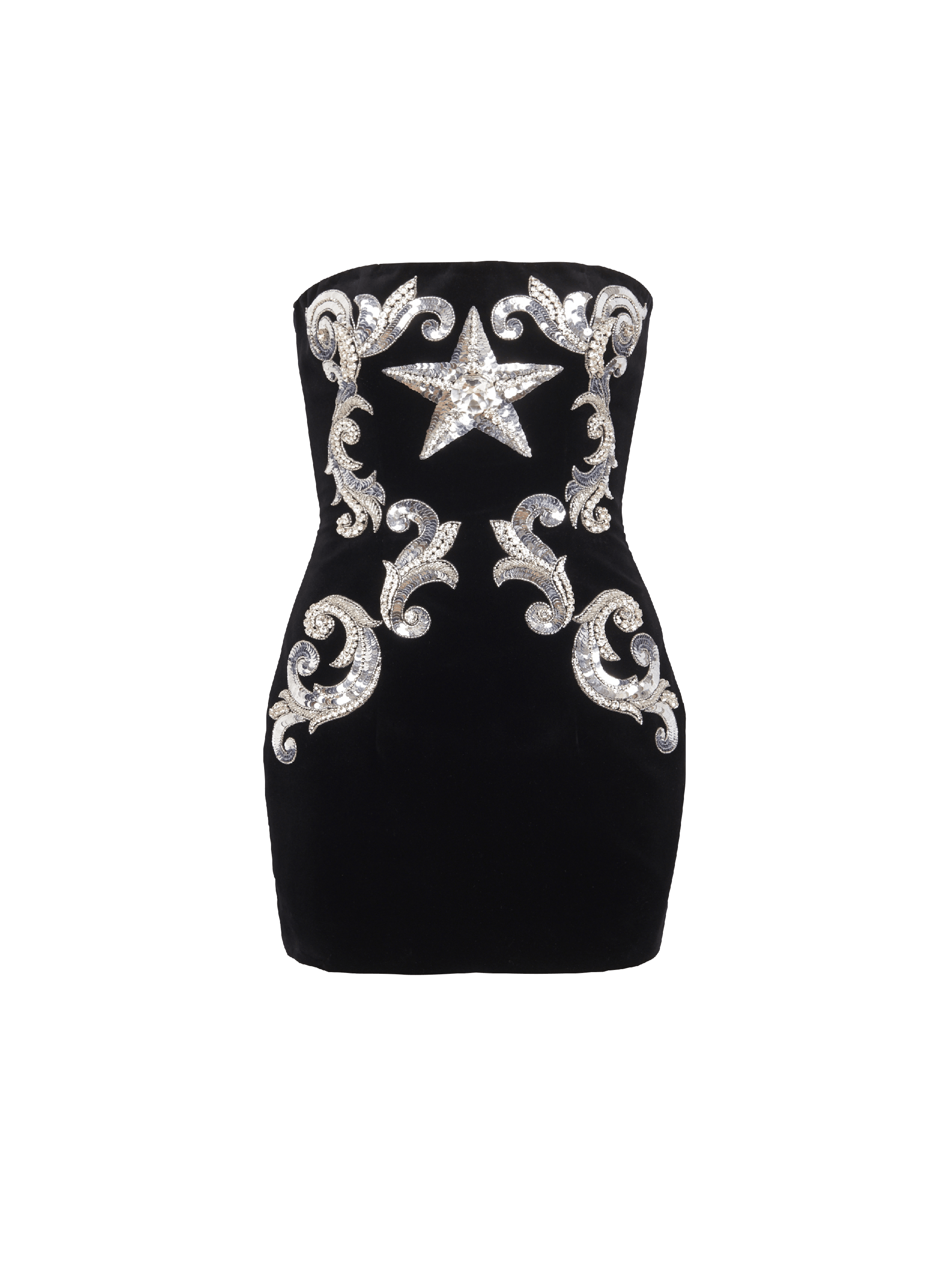 Paisley embroidered strapless dress, black, hi-res