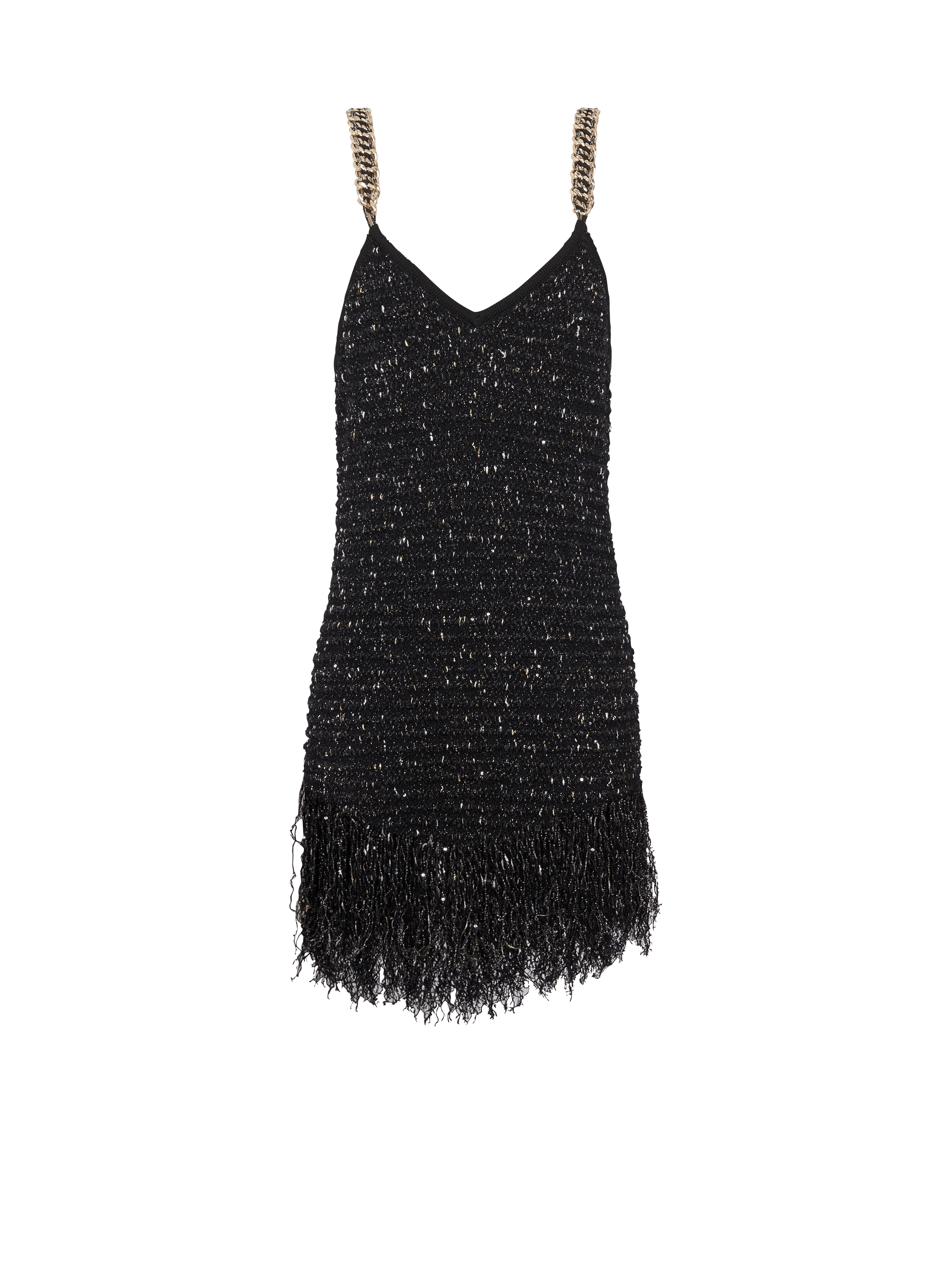 Fringed lurex tweed dress, black, hi-res