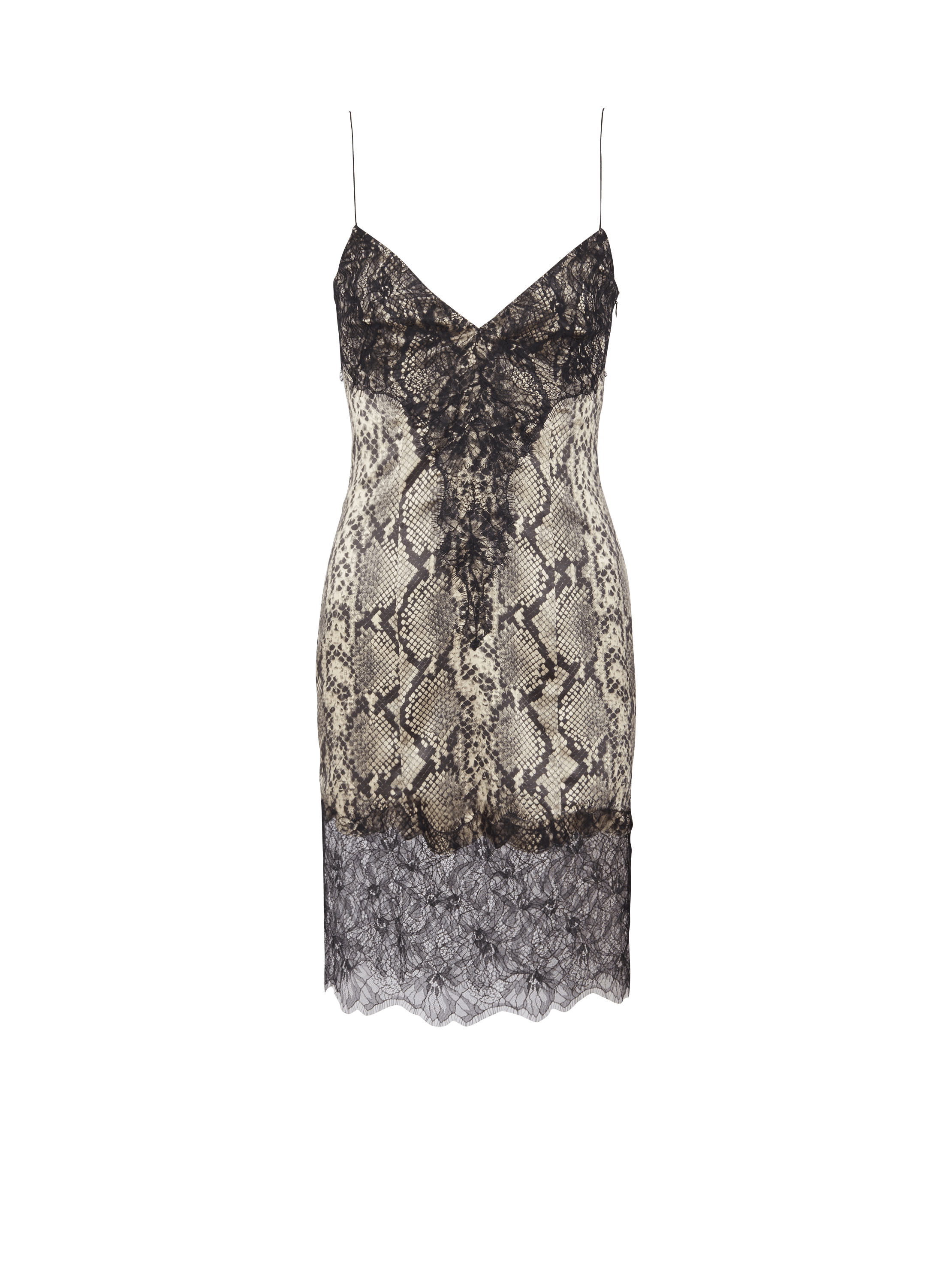 Snakeskin silk and lace spaghetti strap dress, black, hi-res