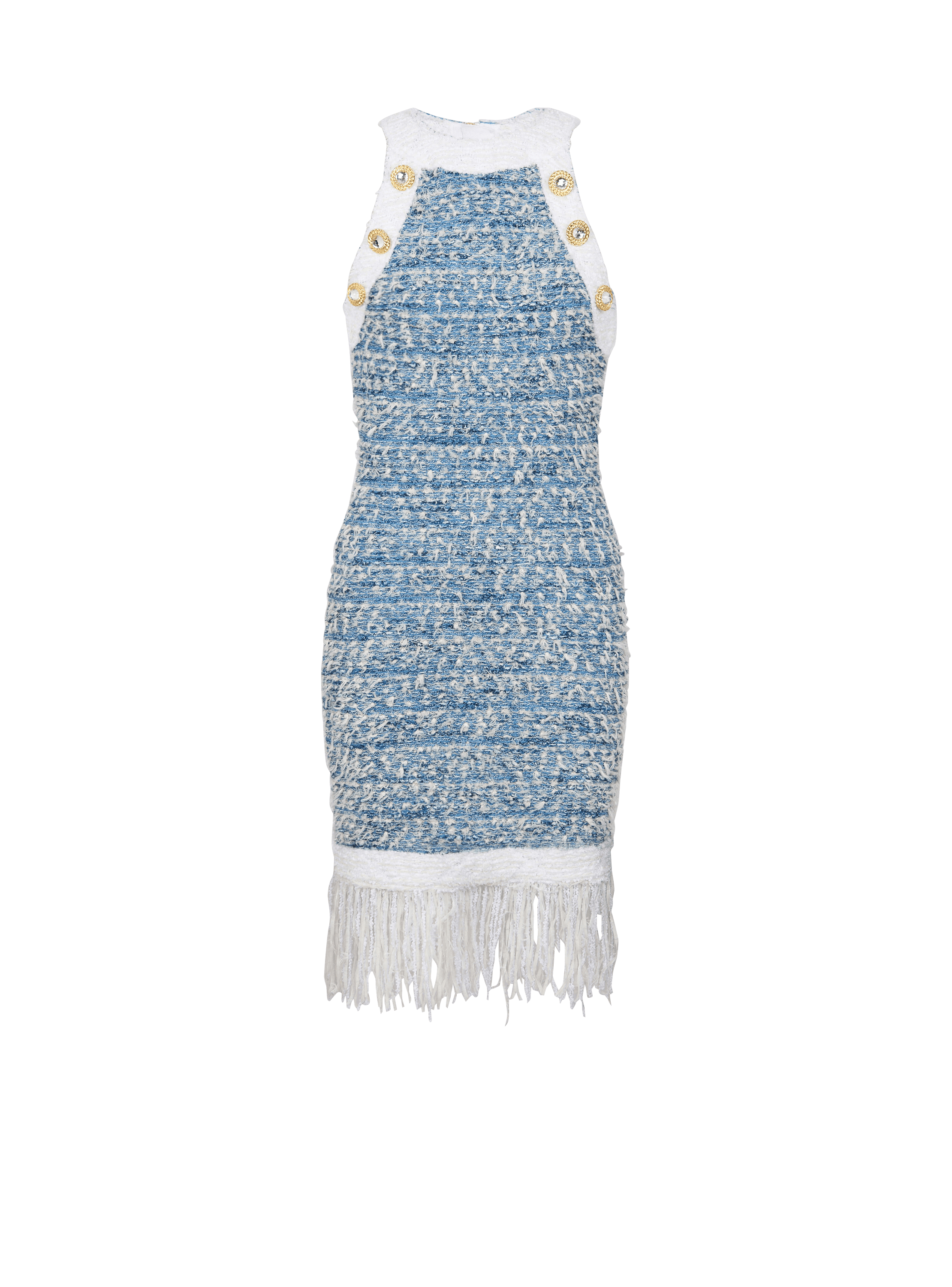 Kleid aus Tweed-Denim mit Fransen, blau, hi-res