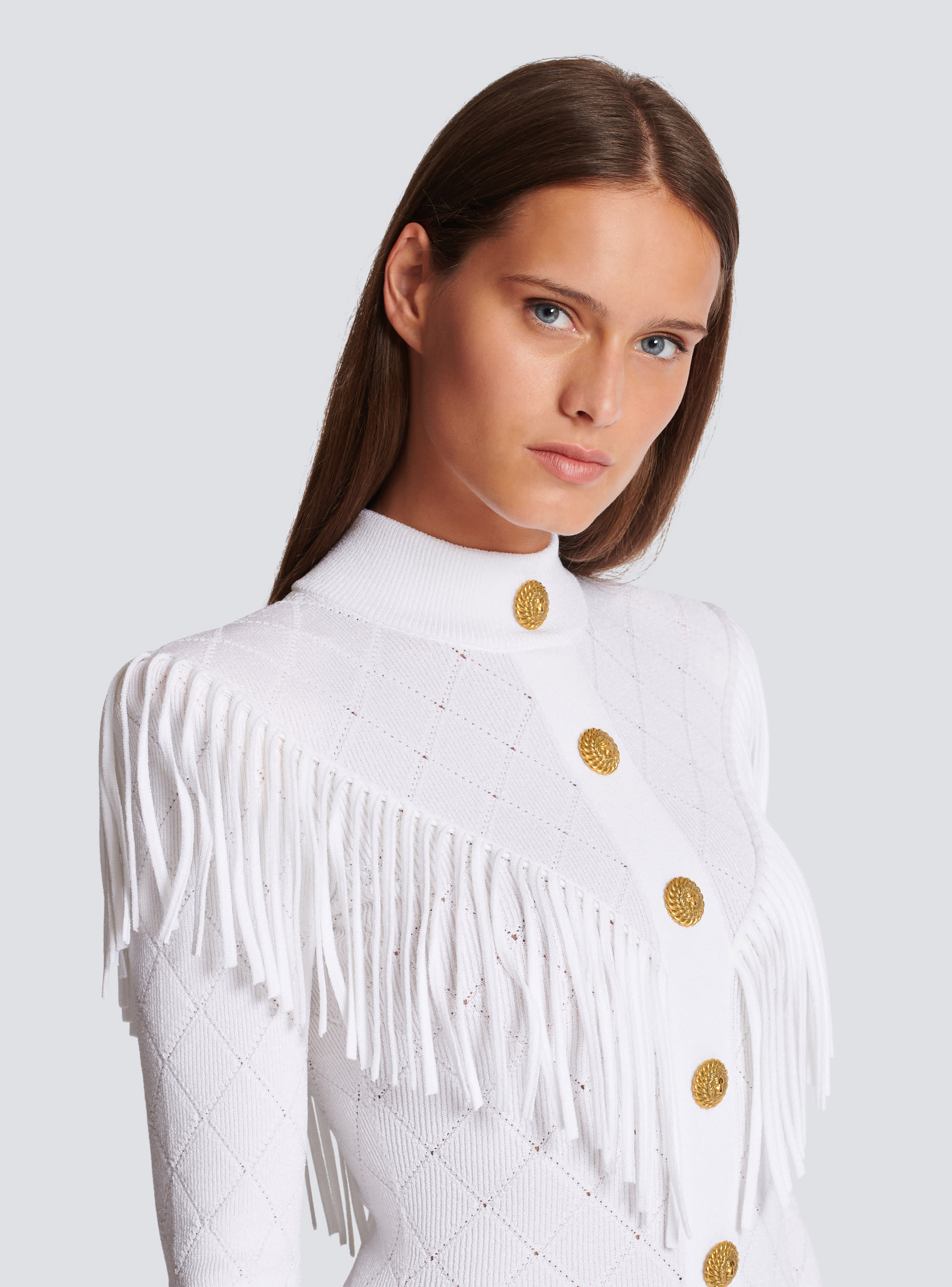 Balmain embossed-button fringe dress - White