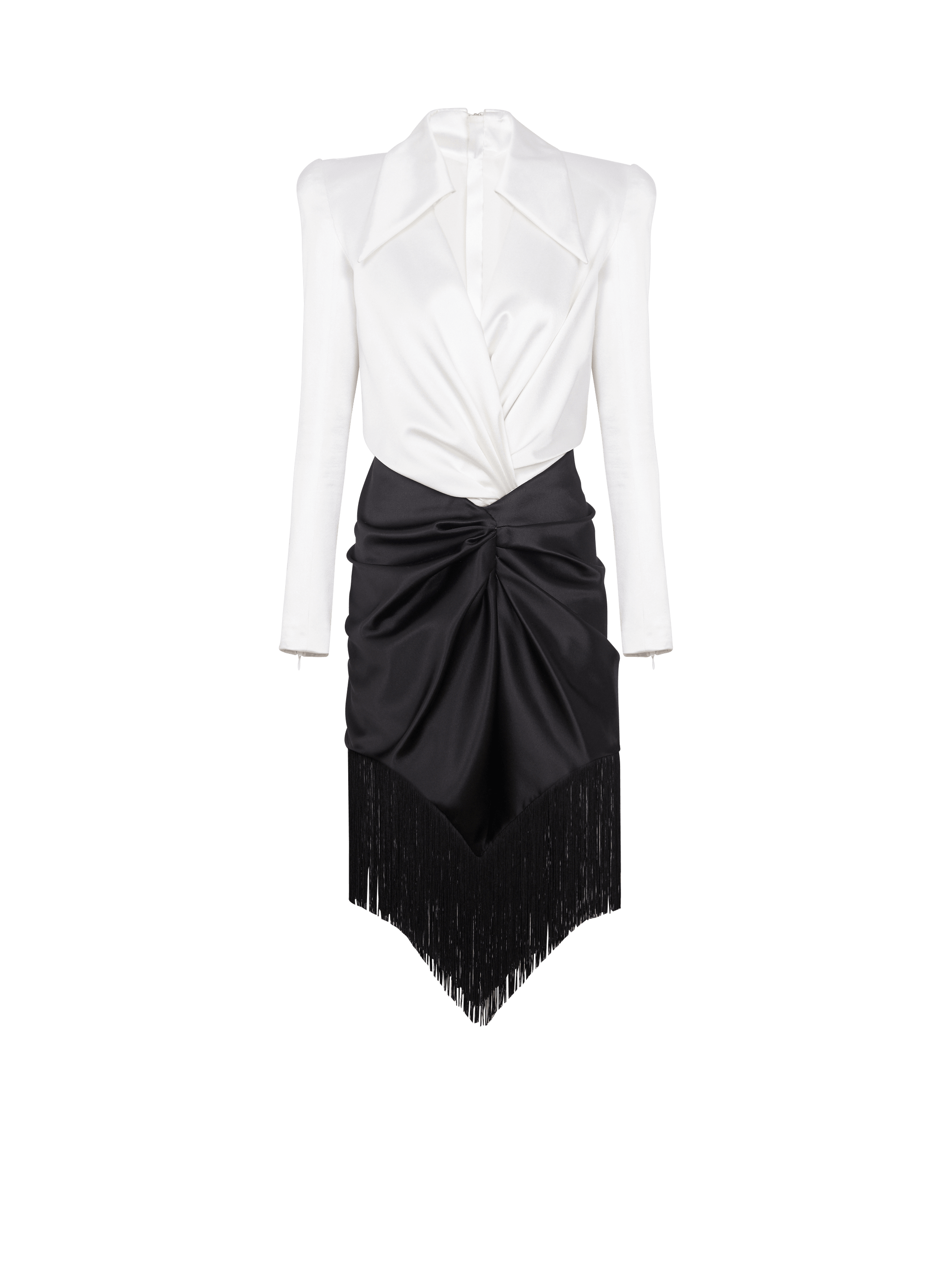 Draped and fringed satin tailored dress