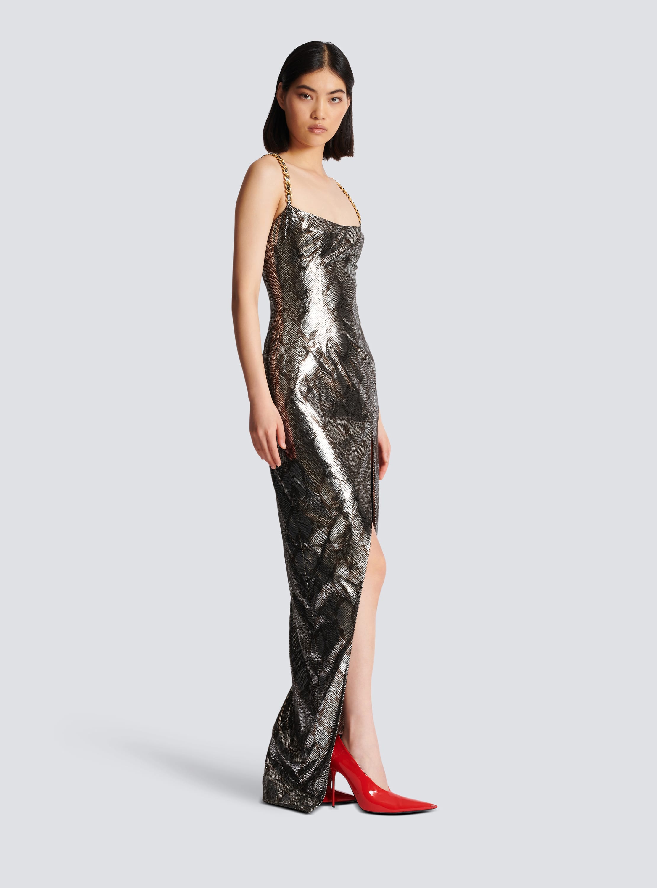 HIGH SLIT WITH SILVER CHAINS CLUB DRESS