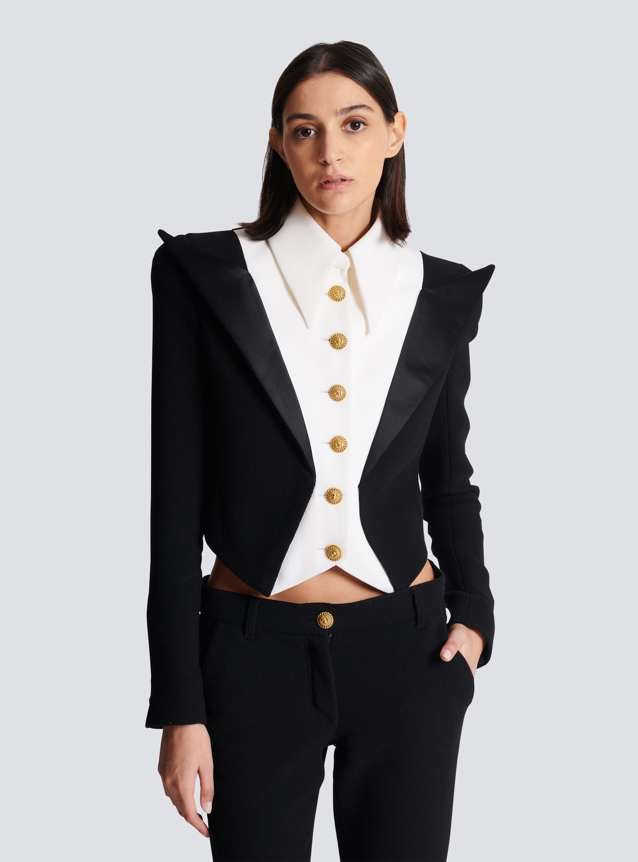 Cropped 6-button crepe jacket black - Women | BALMAIN