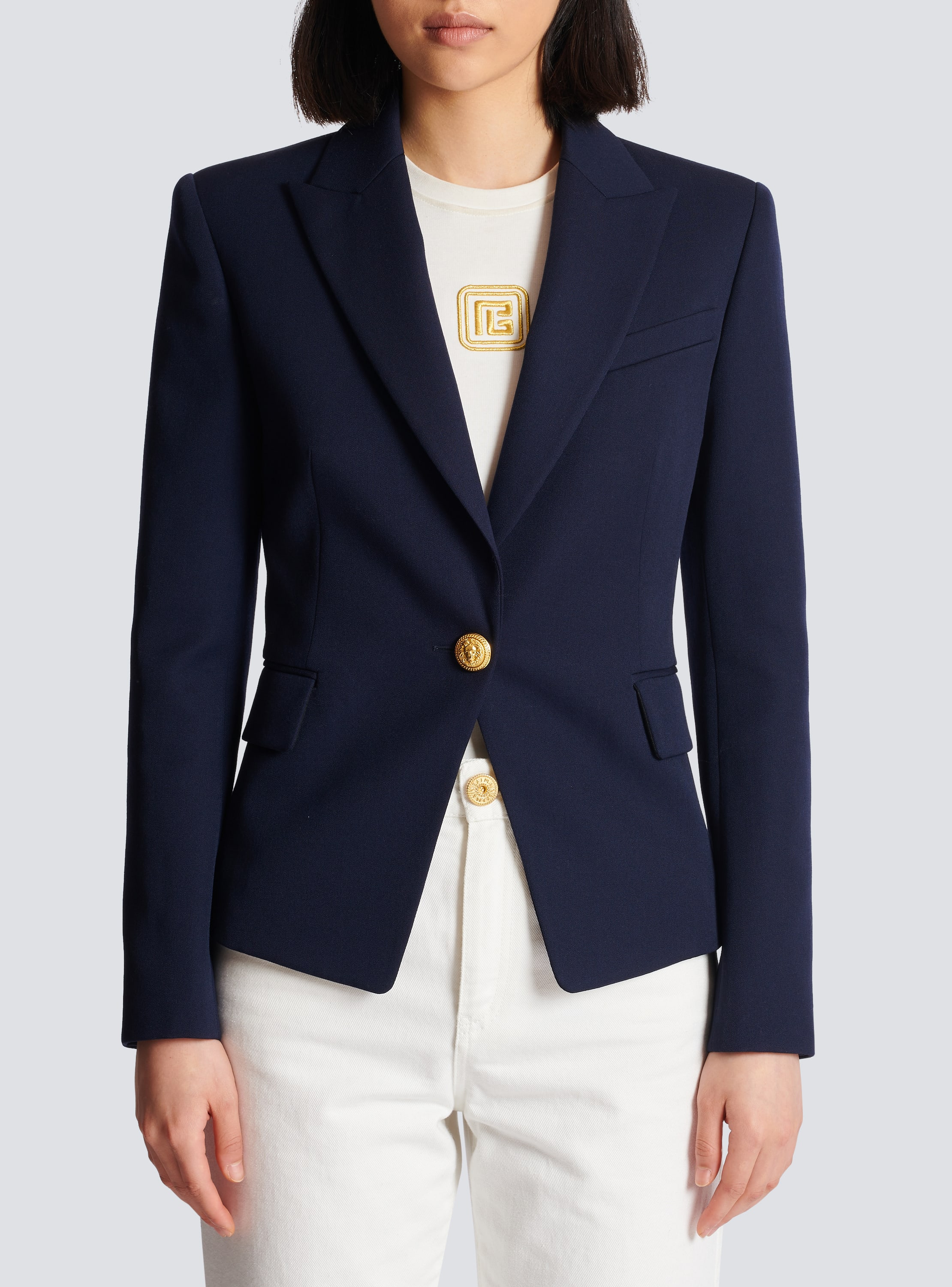 Balmain navy blazer gold buttons best sale