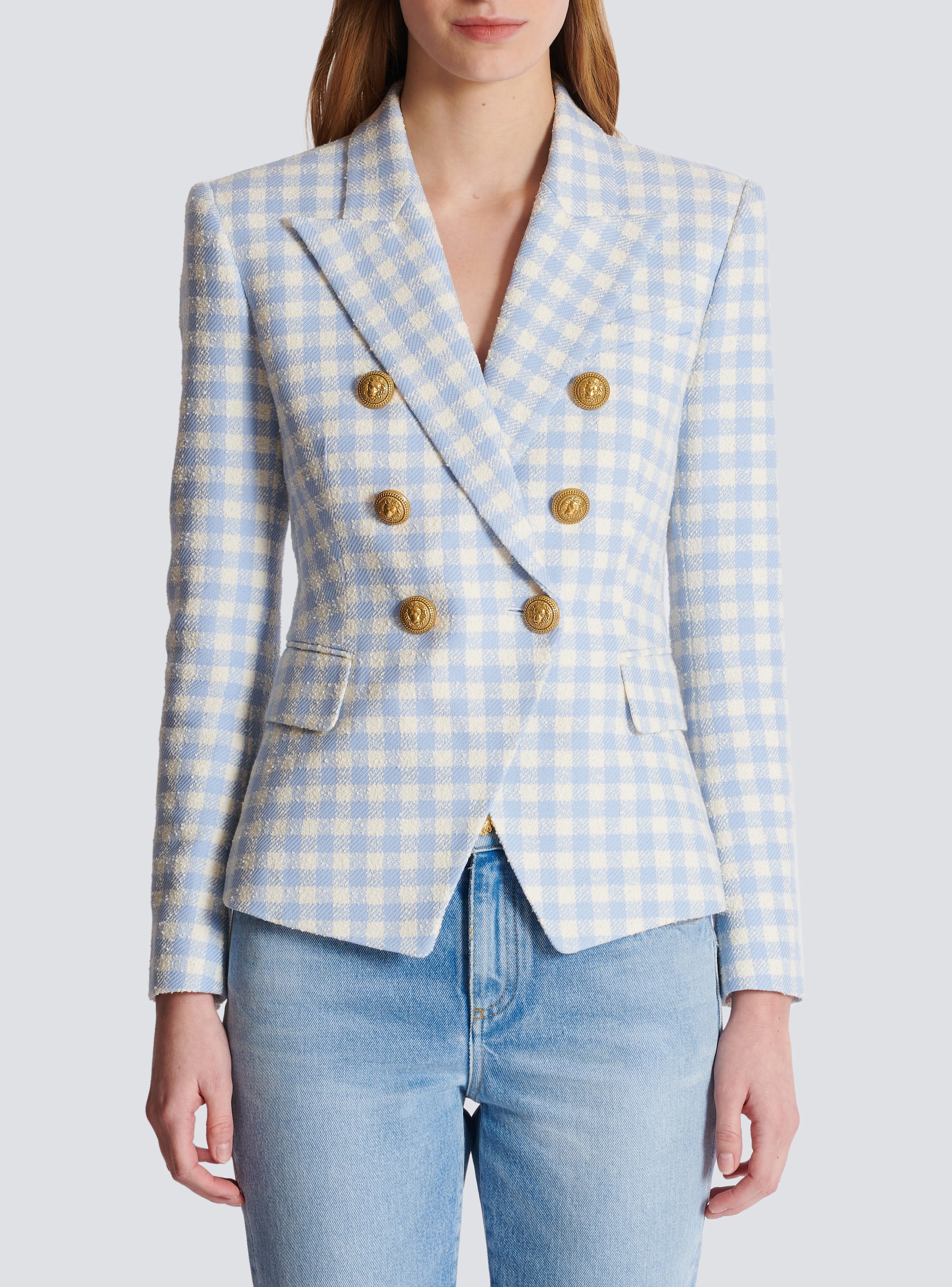 Gingham tweed 6-button jacket