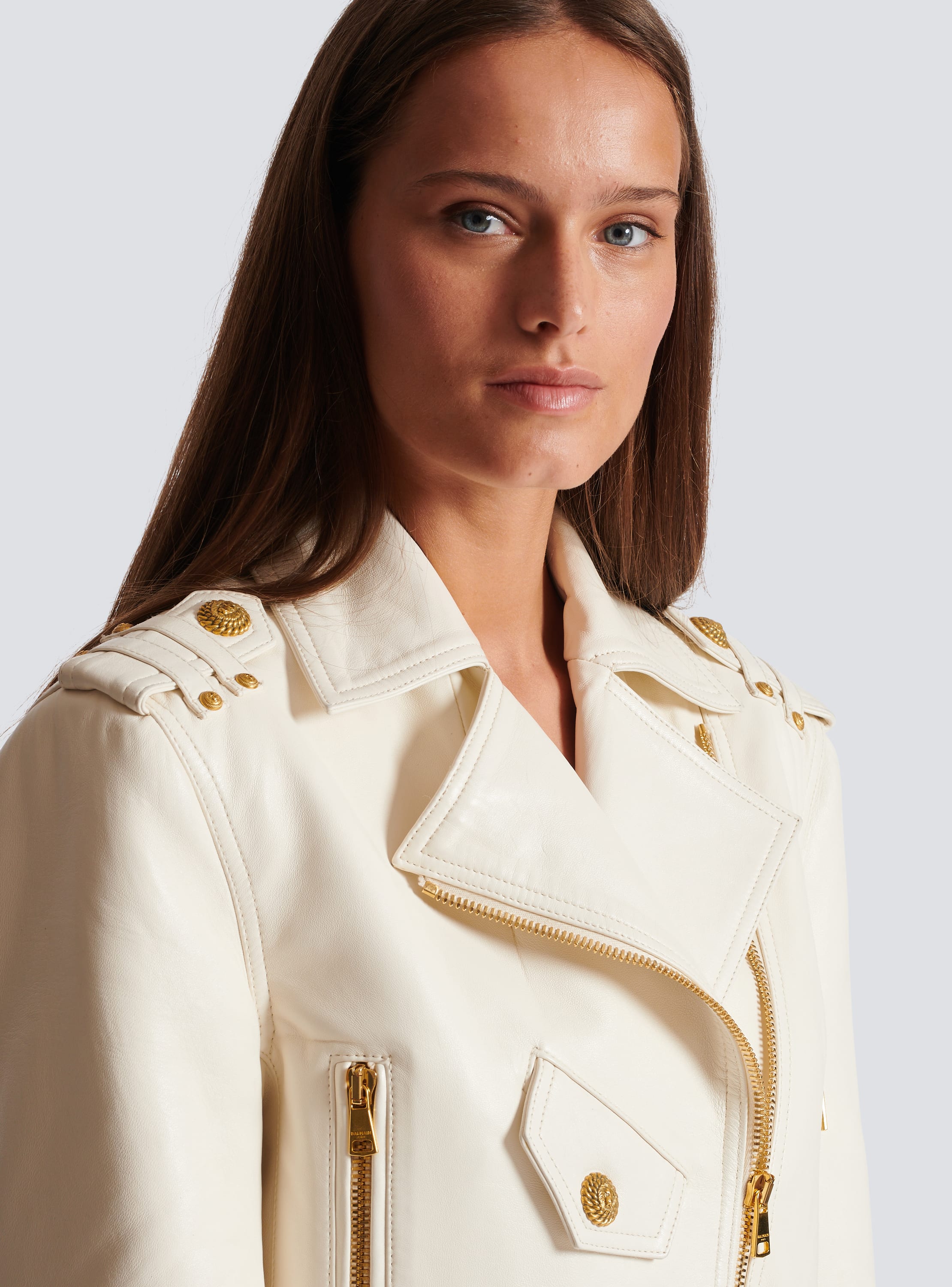 Zipped leather biker jacket beige - Women | BALMAIN