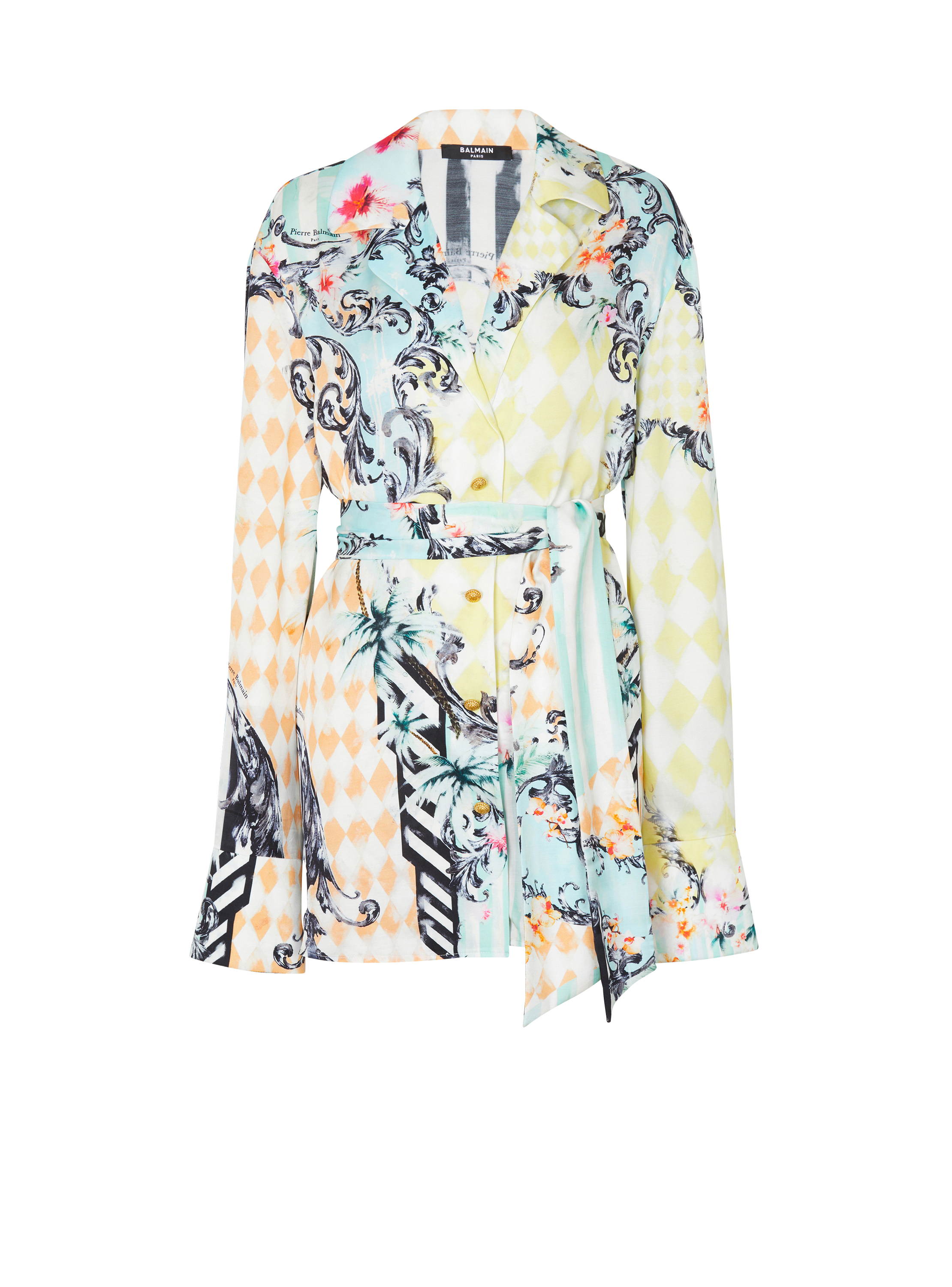 Loose belted shirt with Baroque print