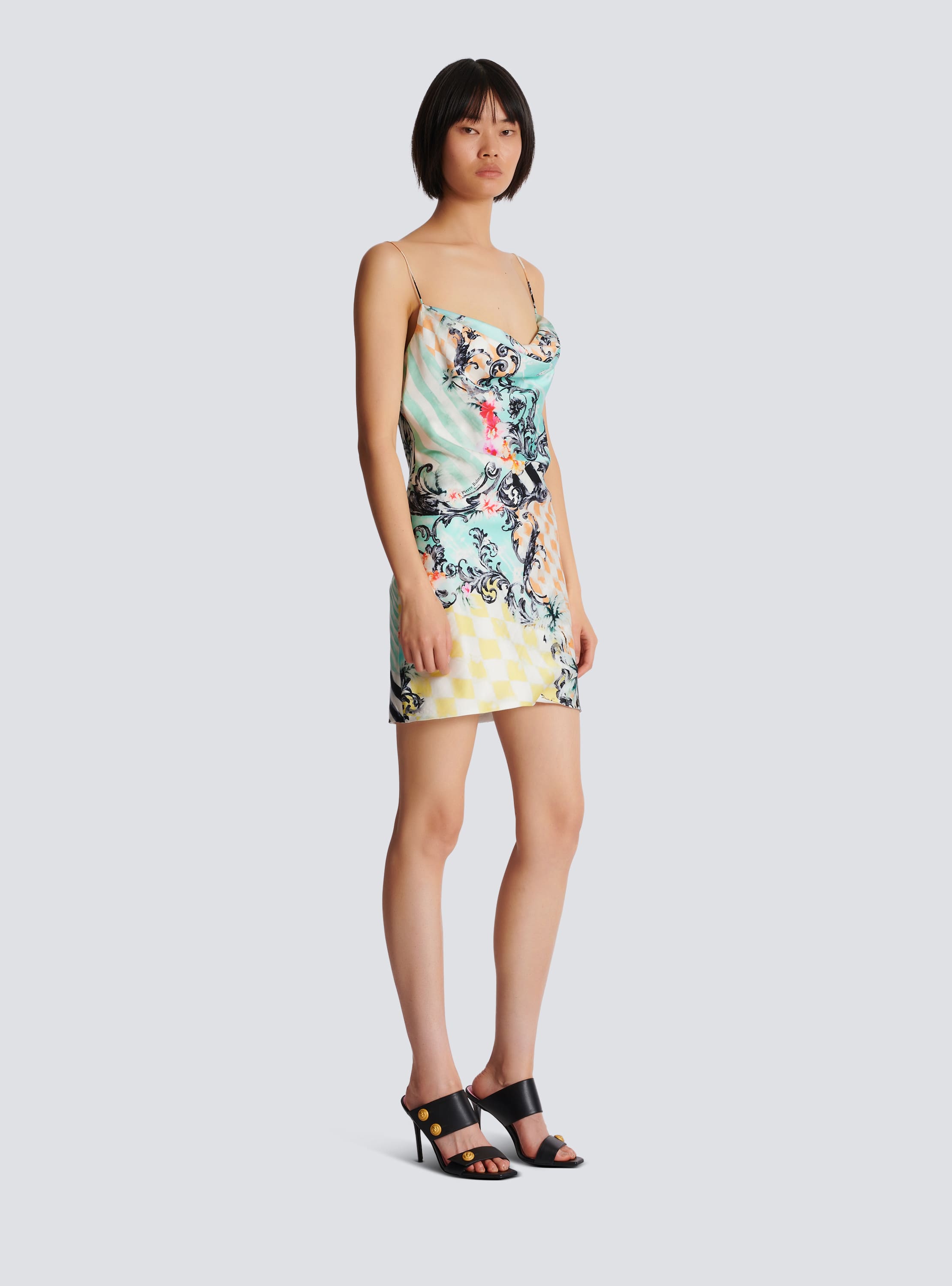 Short satin slip dress with Baroque print