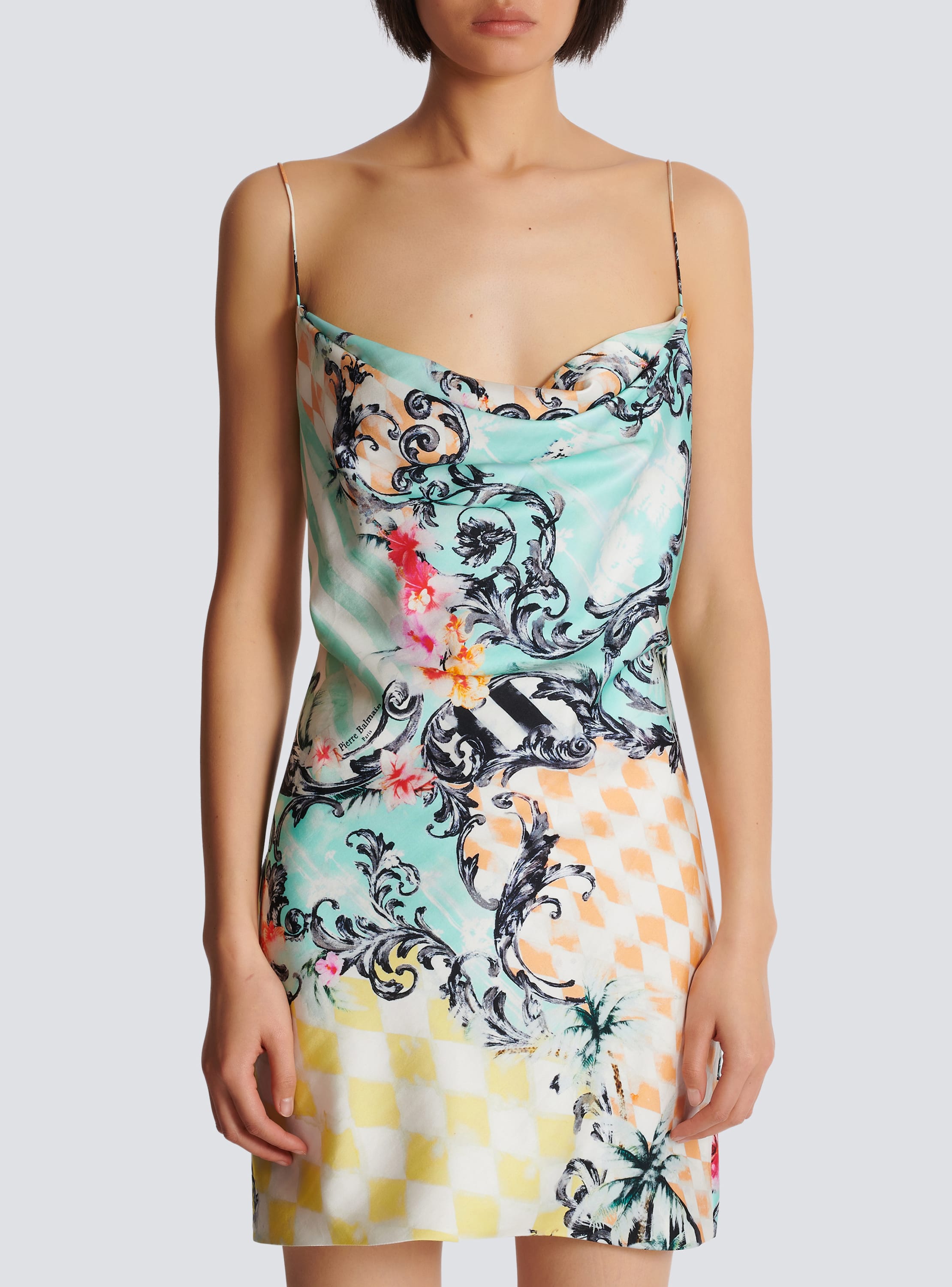 Short satin slip dress with Baroque print