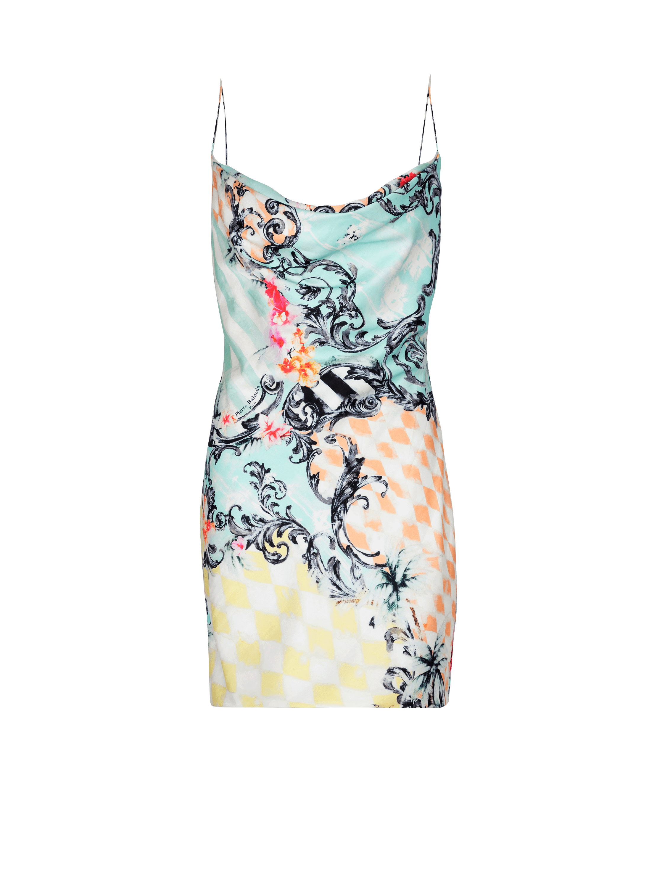 Short satin slip dress with Baroque print