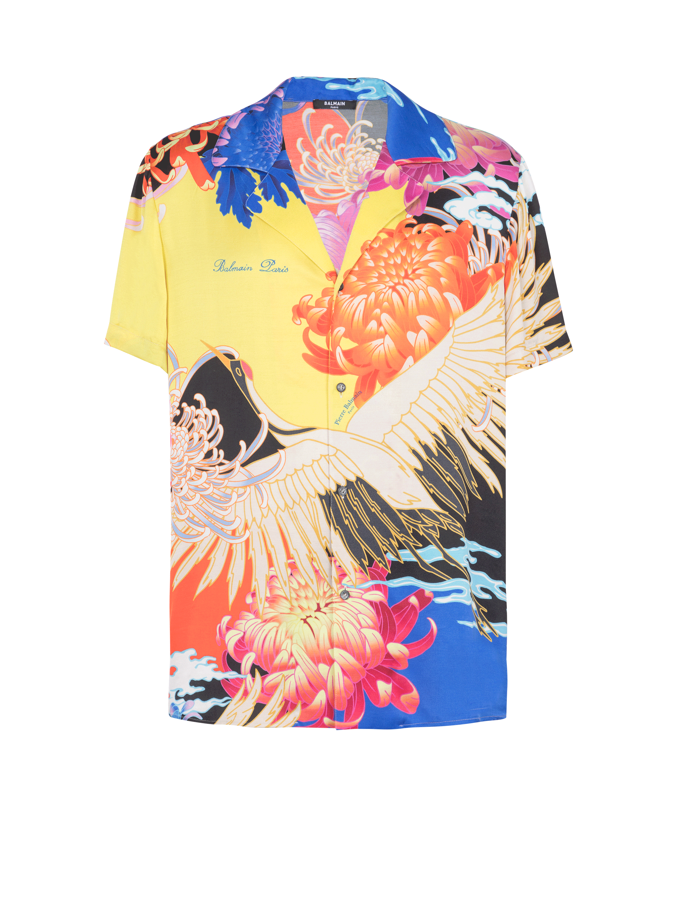 Short-sleeved satin shirt with Crane print multicolor - Men | BALMAIN